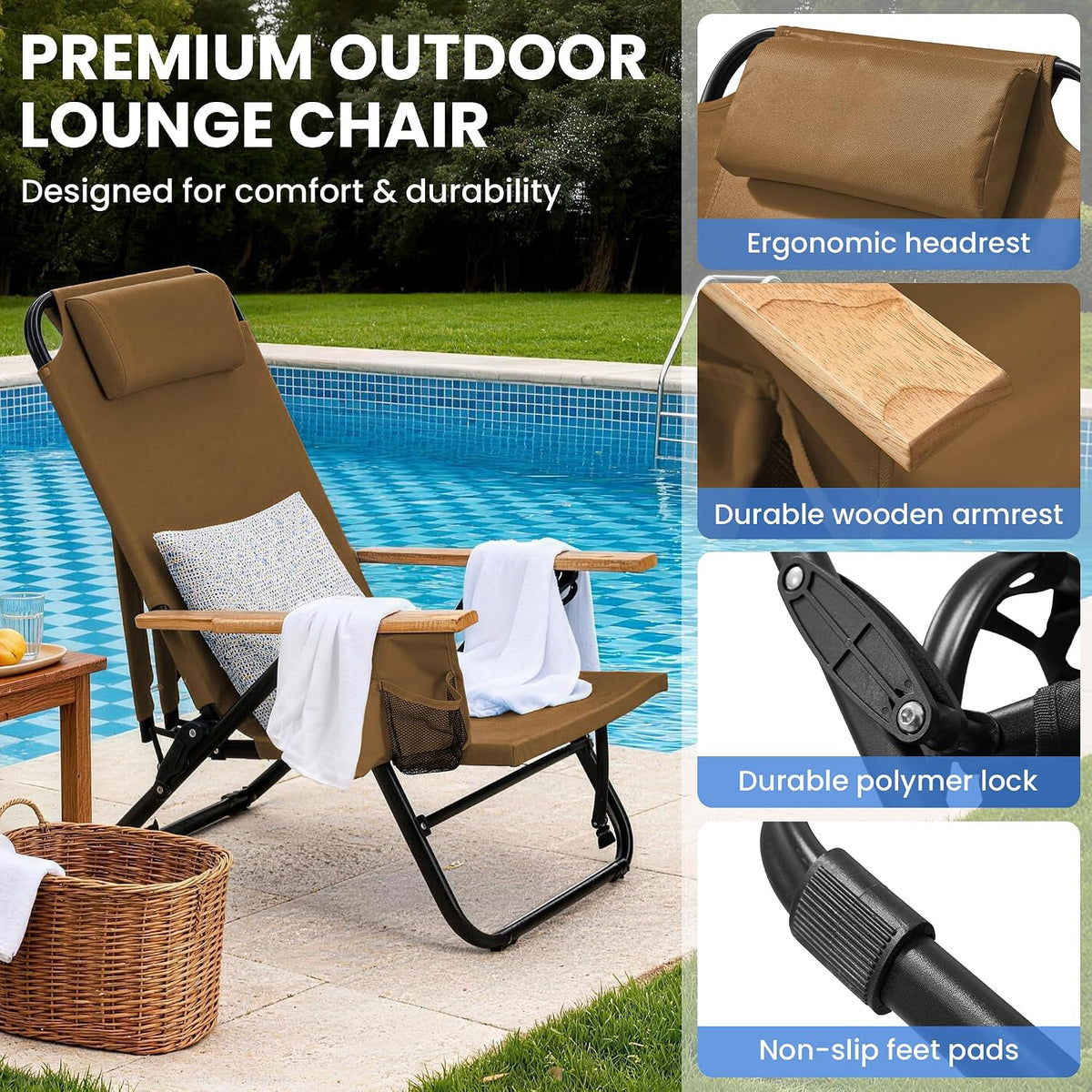 2 Pack Premium 5-Position Reclining Camping Chair - Portable Folding Lightweight Outdoor Chair with Wooden Armrests, Headrest & Pockets, 350lbs Heavy Duty for Beach, Patio, Backyard, Brown