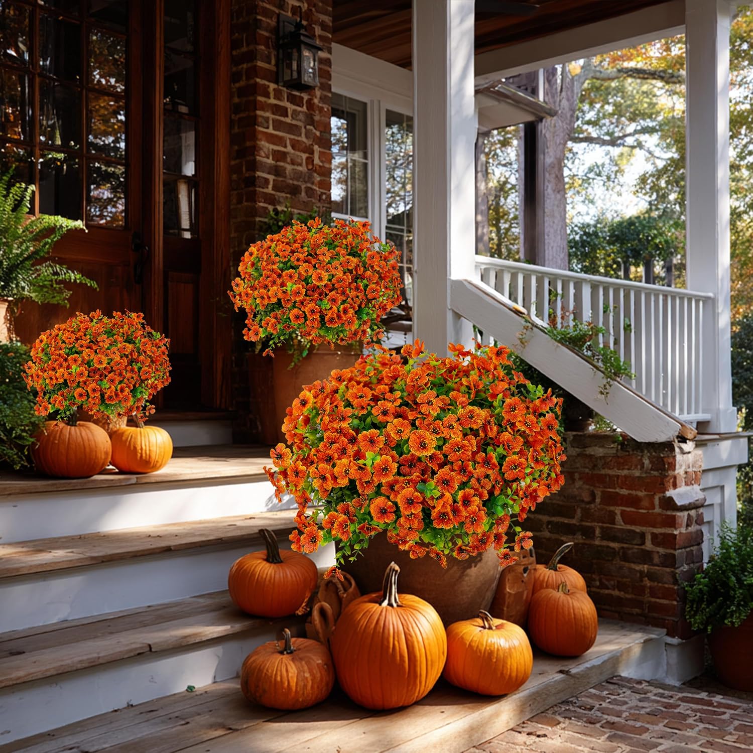 AXYLEX Artificial Mums for Outdoors Fake Fall Flowers Red Orange 16 Pack