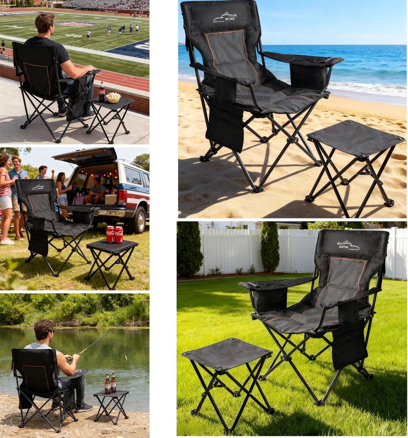 FAIR WIND Oversized Padded Camping Chair with Footrest Stool Set Heavy Duty Support 300 LBS Cooler Bag - Black Grey