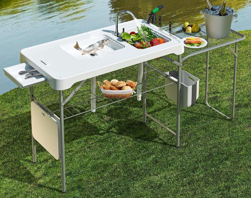 42.5" Fish Cleaning Table with Dual Sink for Camping, Picnic, White