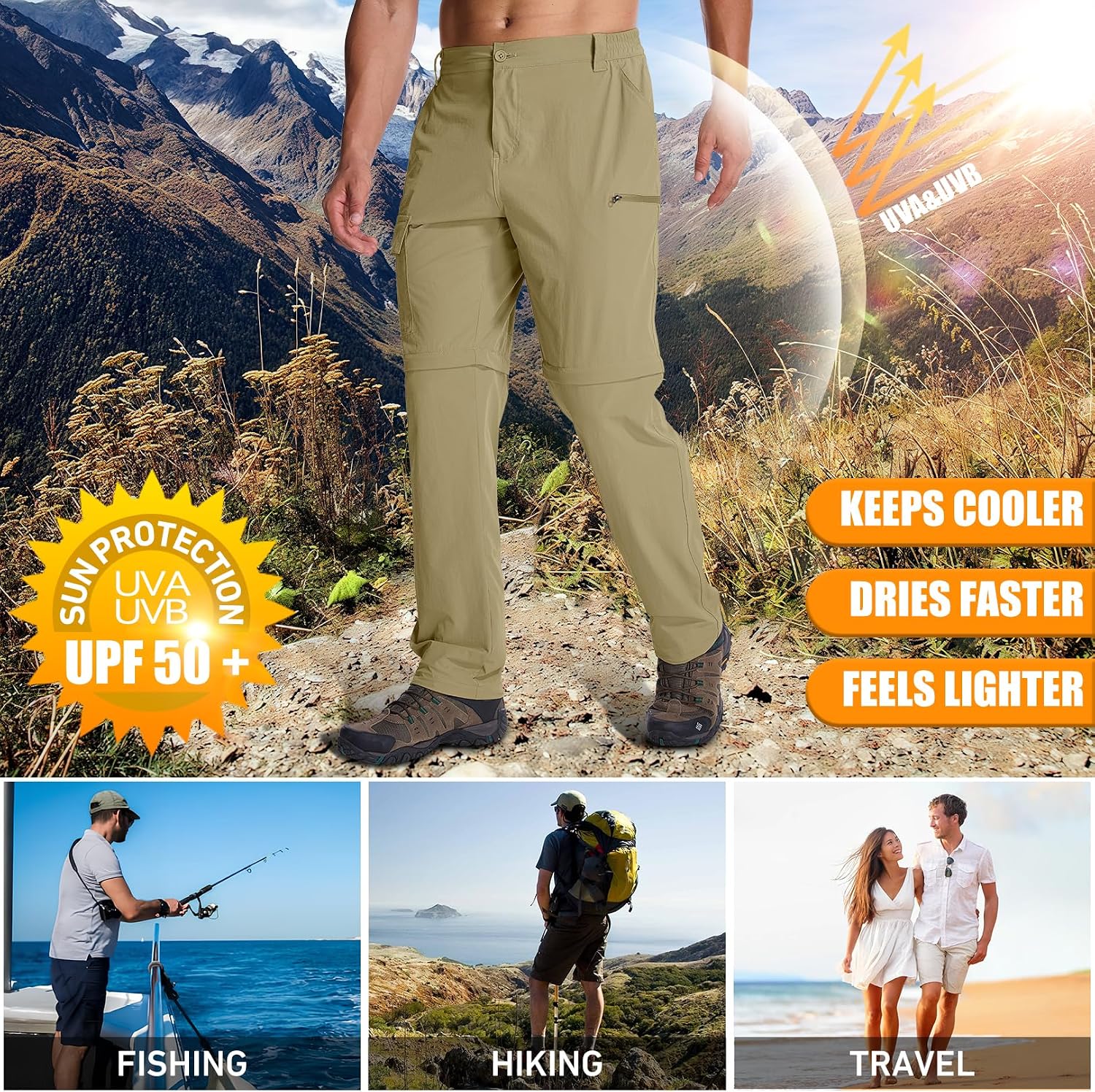 Mens Hiking Pants Cargo Safari Pants for Men Zip Off Outdoor Convertible