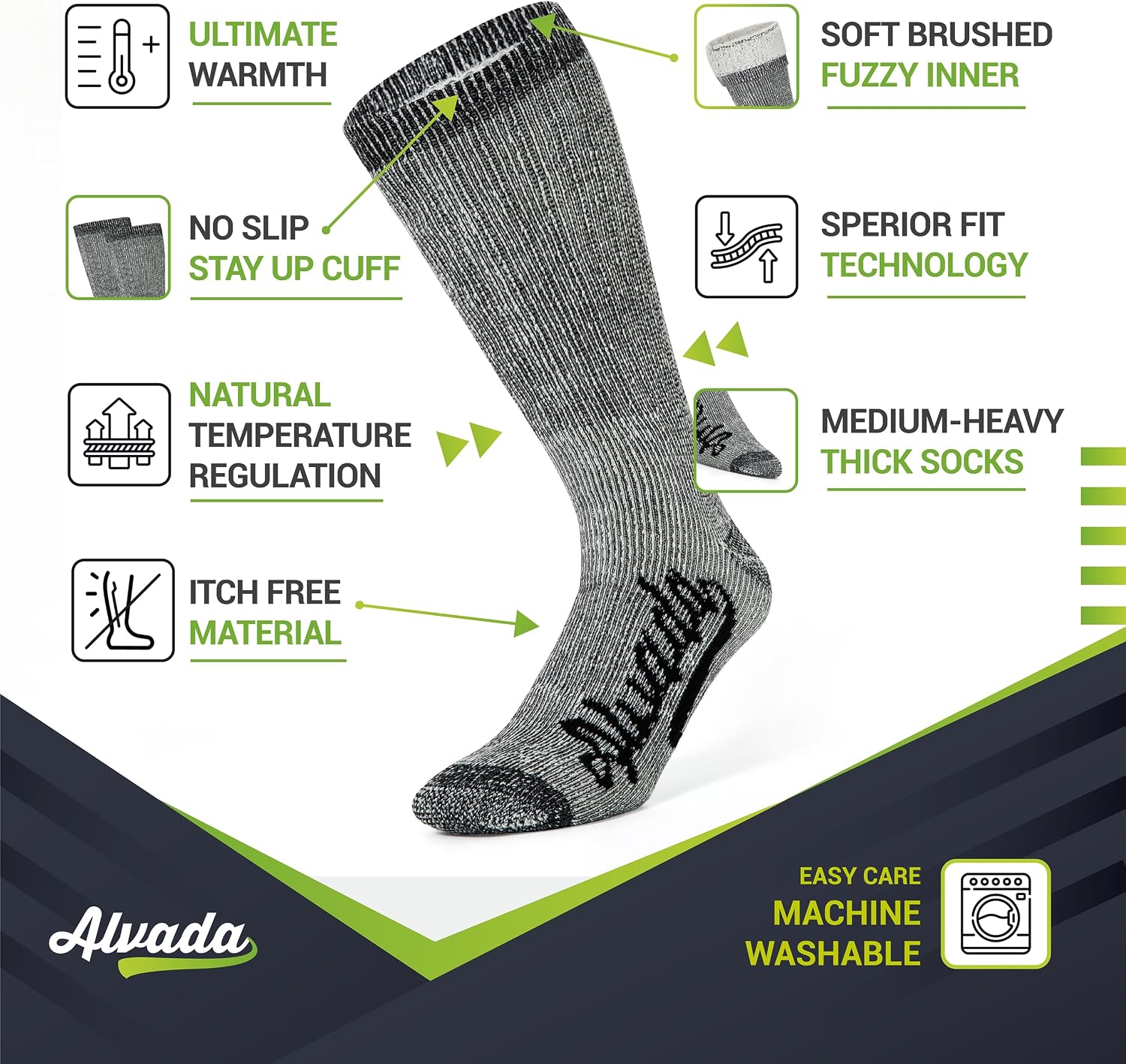 Alvada Mens Merino Wool Crew Socks Thermal and Warm Socks for Winter Work Hiking Running 3 Pairs