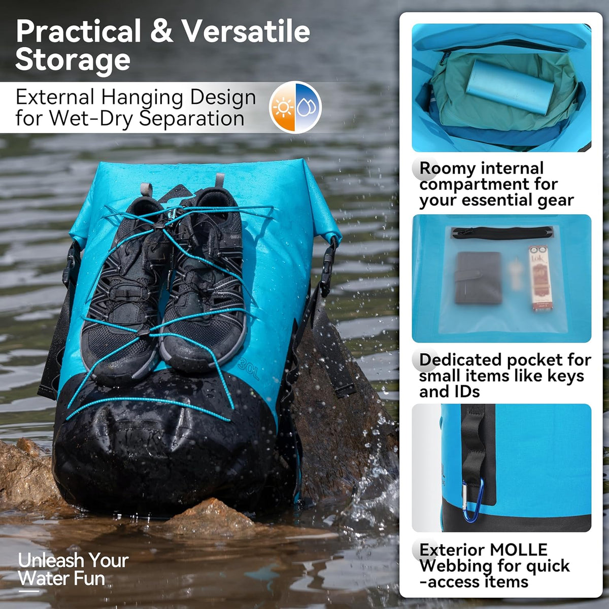 MARCHWAY Floating Roll Top Dry Bag, Flexible Lightweight TPU-coated Nylon Waterproof Backpack 20L/30L/40L with Padded Straps for Boating, Kayaking, Swimming, Hiking, Beach (Blue, 30L)