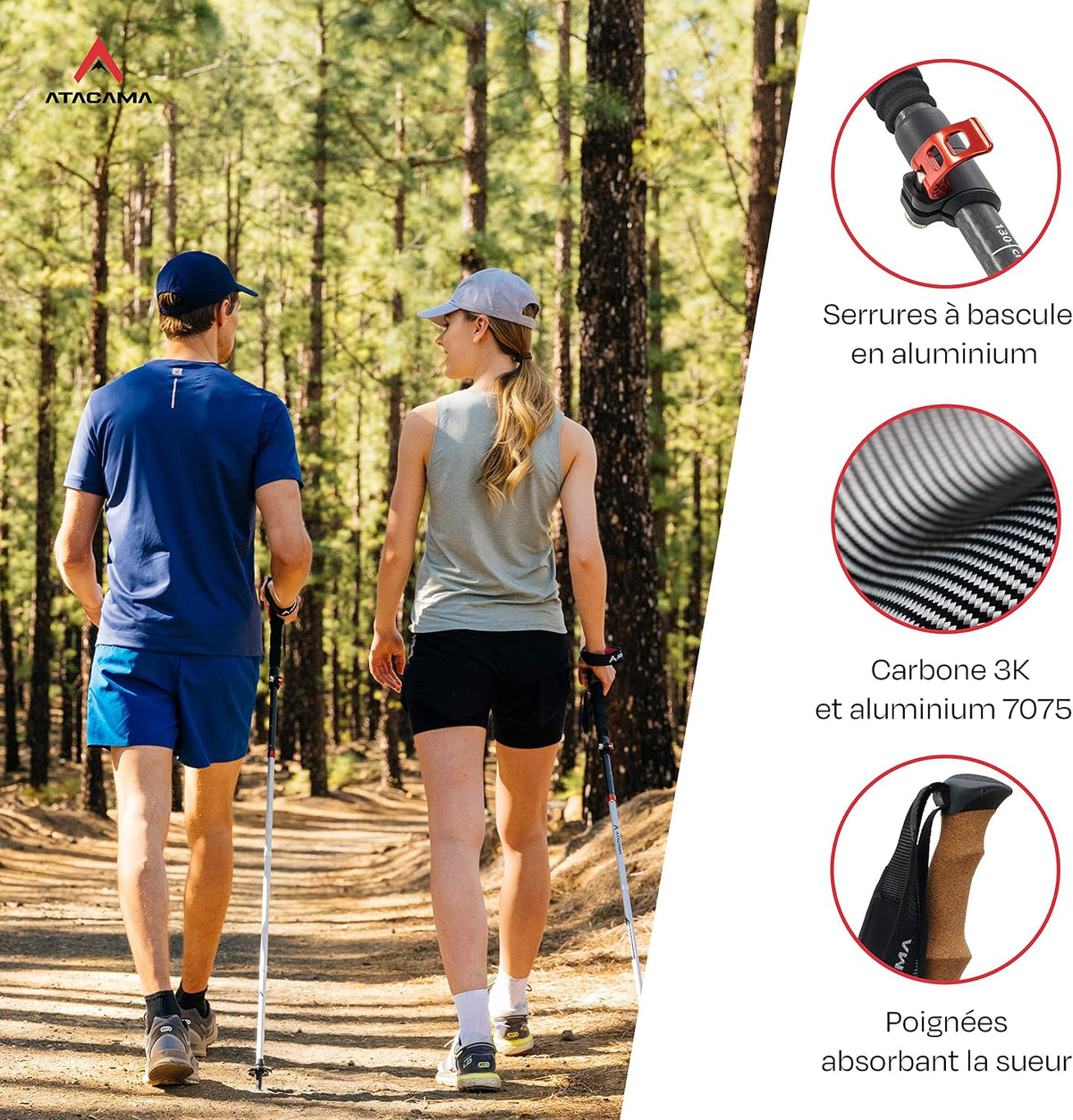 ATACAMA Lightweight Foldable Carbon and Aluminum 7075 Collapsible Hiking Sticks with Cork Handle - Hiking Poles Telescopic Trekking Poles Folding Walking Sticks For Hiking Accessories Nordic Walking Poles
