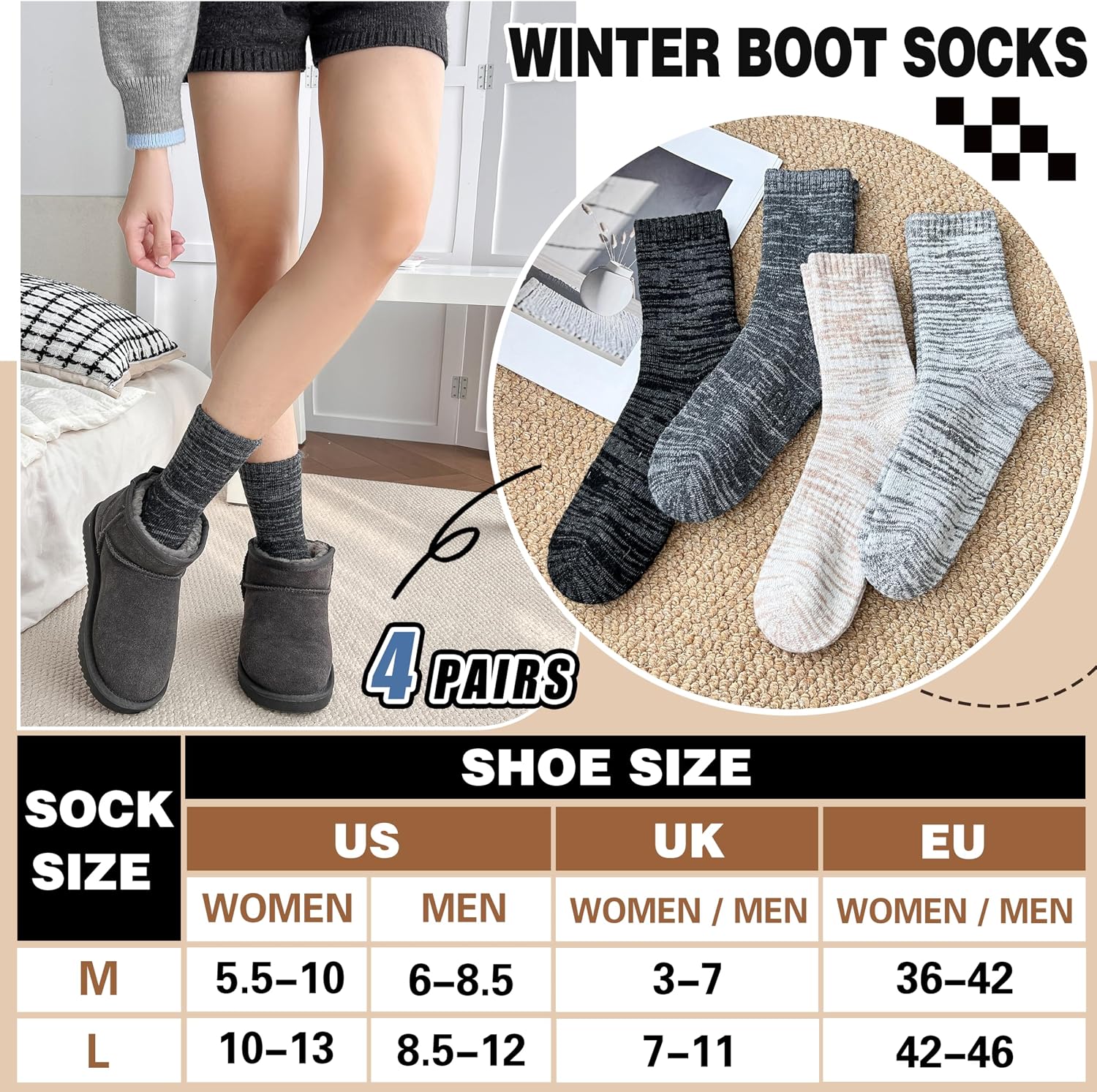 EBMORE Merino Wool Thermal Warm Winter Socks for Women Men