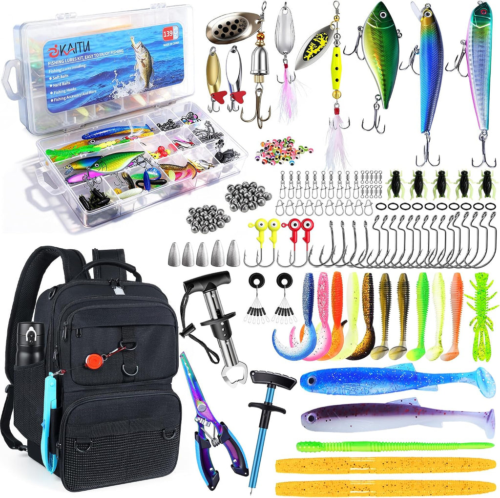 Fishing Backpack with Tackle Boxes and Rod Holder, Fish Lure Kit and Tool