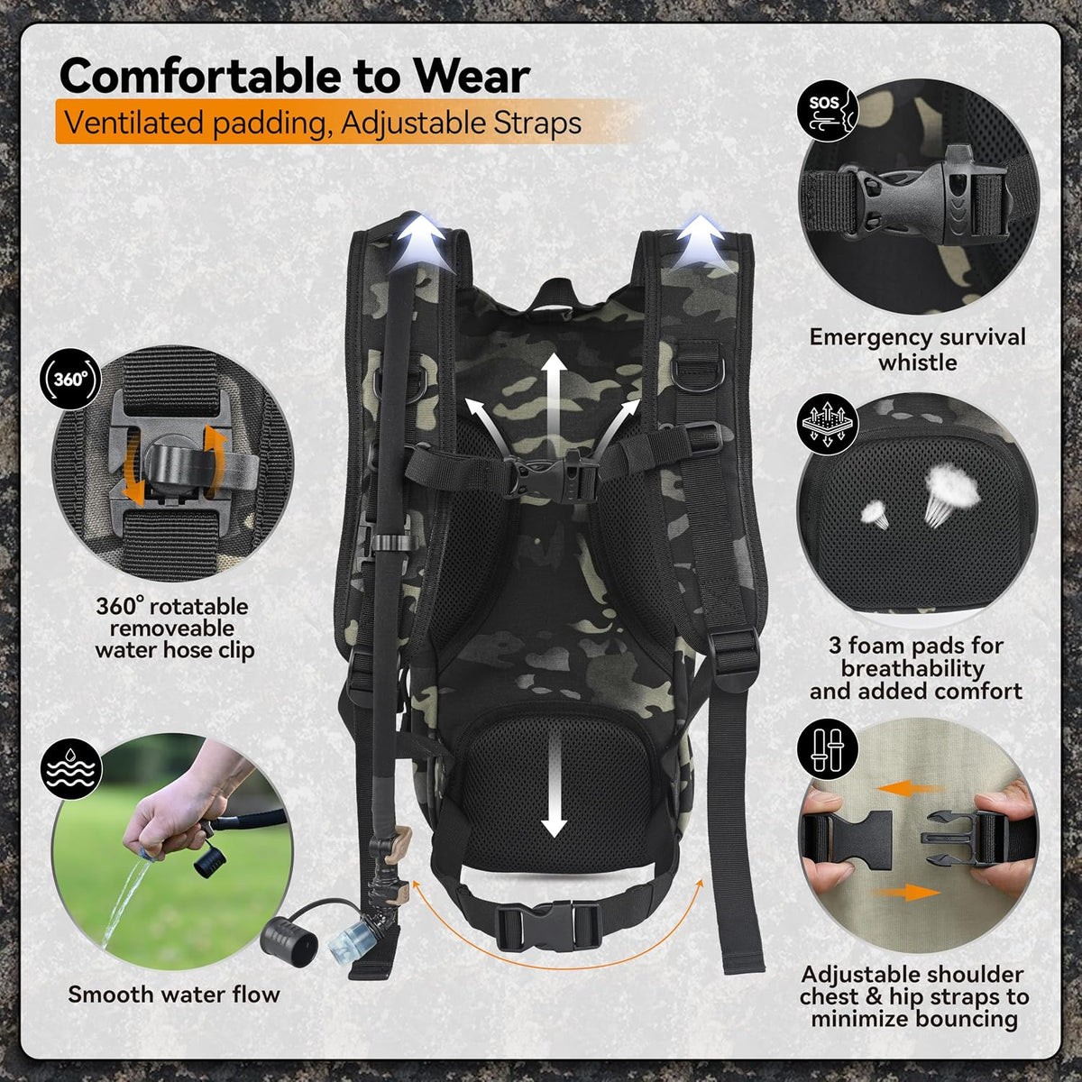 MARCHWAY Tactical Molle Hydration Pack with 2.5L TPU Water Bladder, Low-Profile Organized Military Backpack for Hiking, Cycling, Backpacking, Hunting, Running