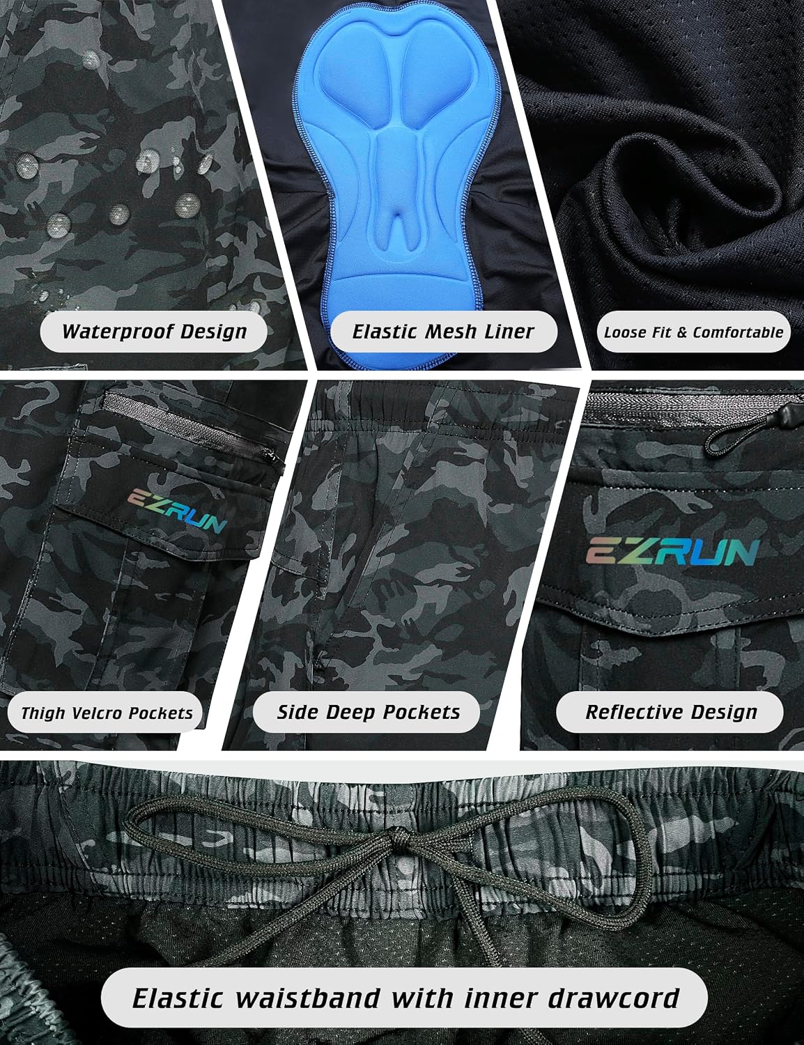 EZRUN Men's 3D Padded Mountain Bike Shorts Quick Dry Cycling Shorts