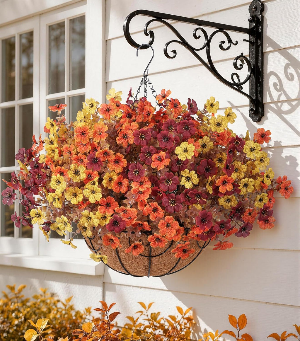 HyeFlora 2 Set Artificial Outdoor Faux Fall Mums Hanging Flowers Plants Basket Outside, 14 Bundles Fake Silk Daisy Fern in Planter UV Resistant for Autumn Porch Balcony Patio Yard Decor, 3 Colors Mix