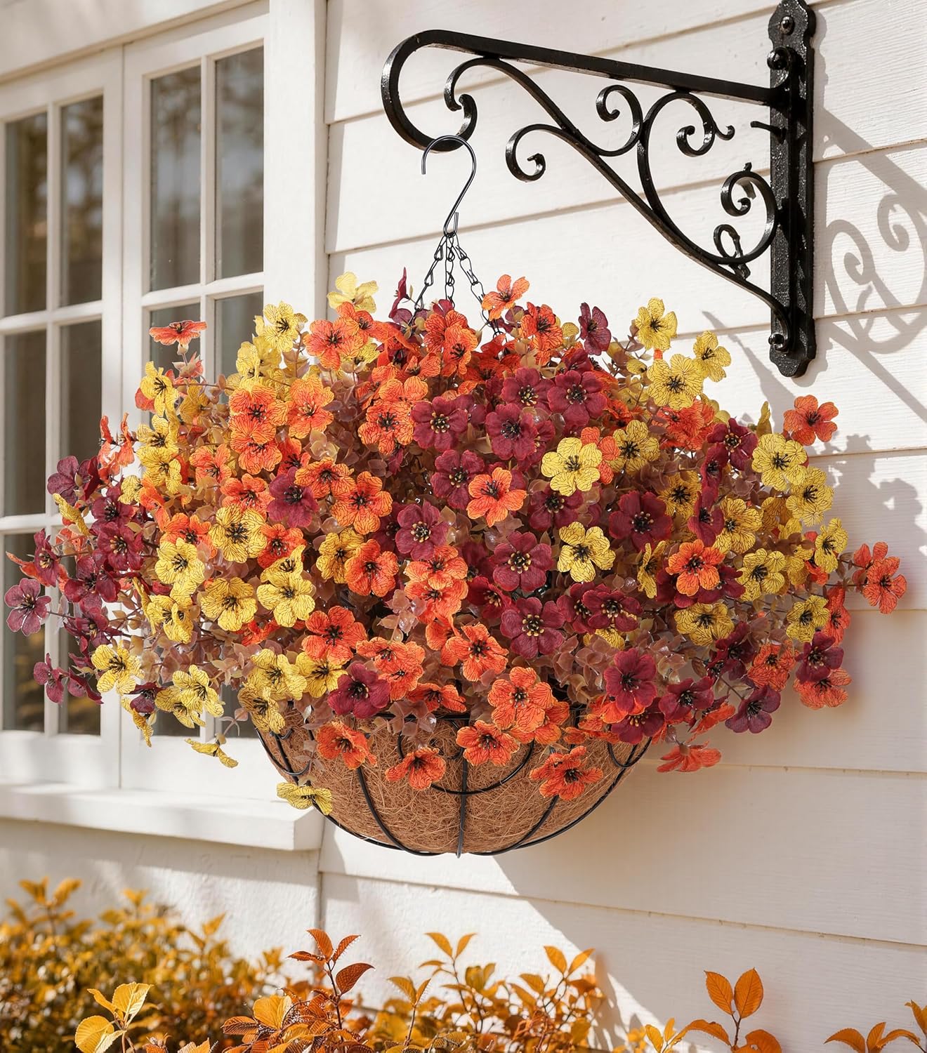 HyeFlora 2 Set Artificial Outdoor Faux Fall Mums Hanging Flowers Plants Basket Outside, 14 Bundles Fake Silk Daisy Fern in Planter UV Resistant for Autumn Porch Balcony Patio Yard Decor, 3 Colors Mix