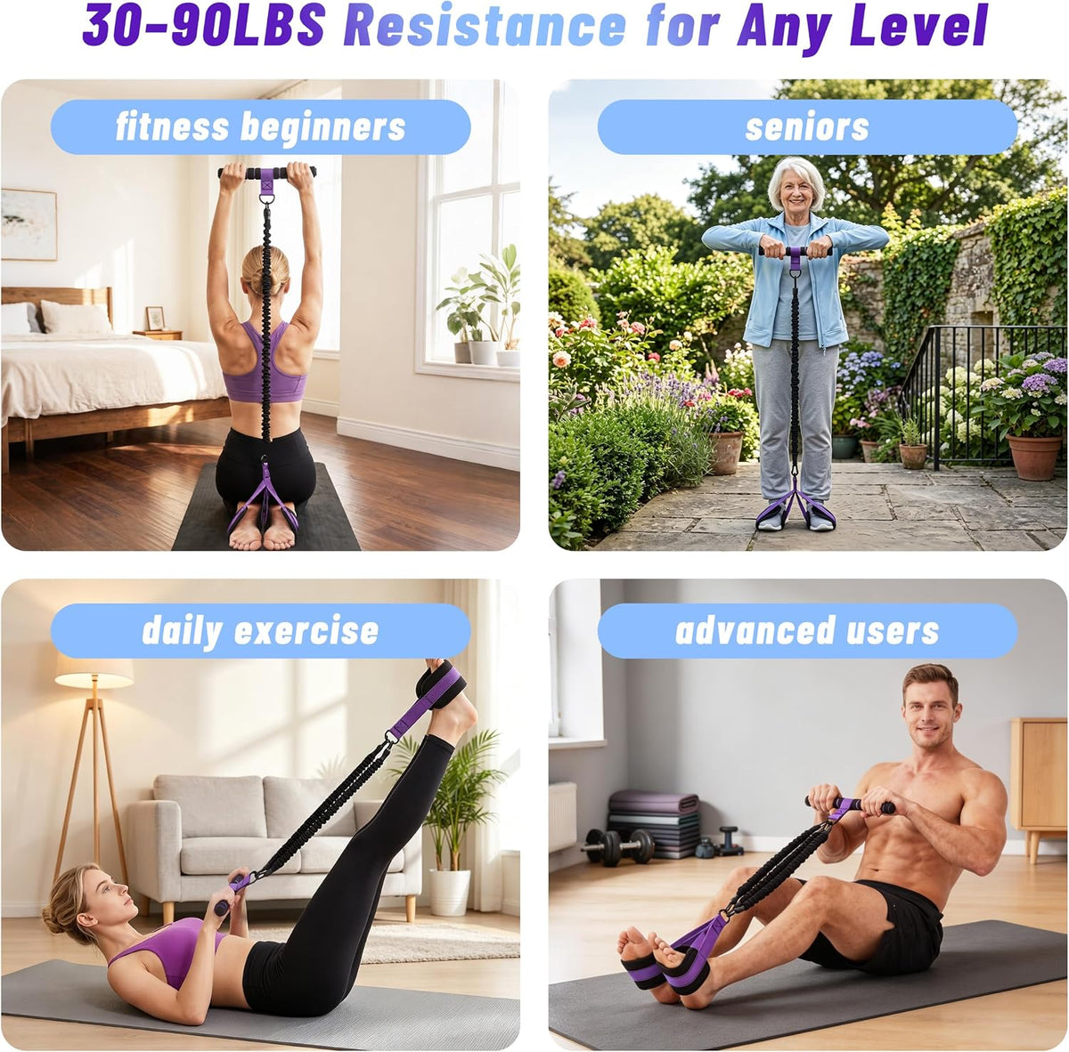 Pedal Resistance Bands with Handles, 30-90lbs Adjustable Foot Pedal Resistance Band, 3 Tube Exercise Bands with Handle for Core Abs Arm Leg, Portable Home Gym Workout Equipment for Men & Women