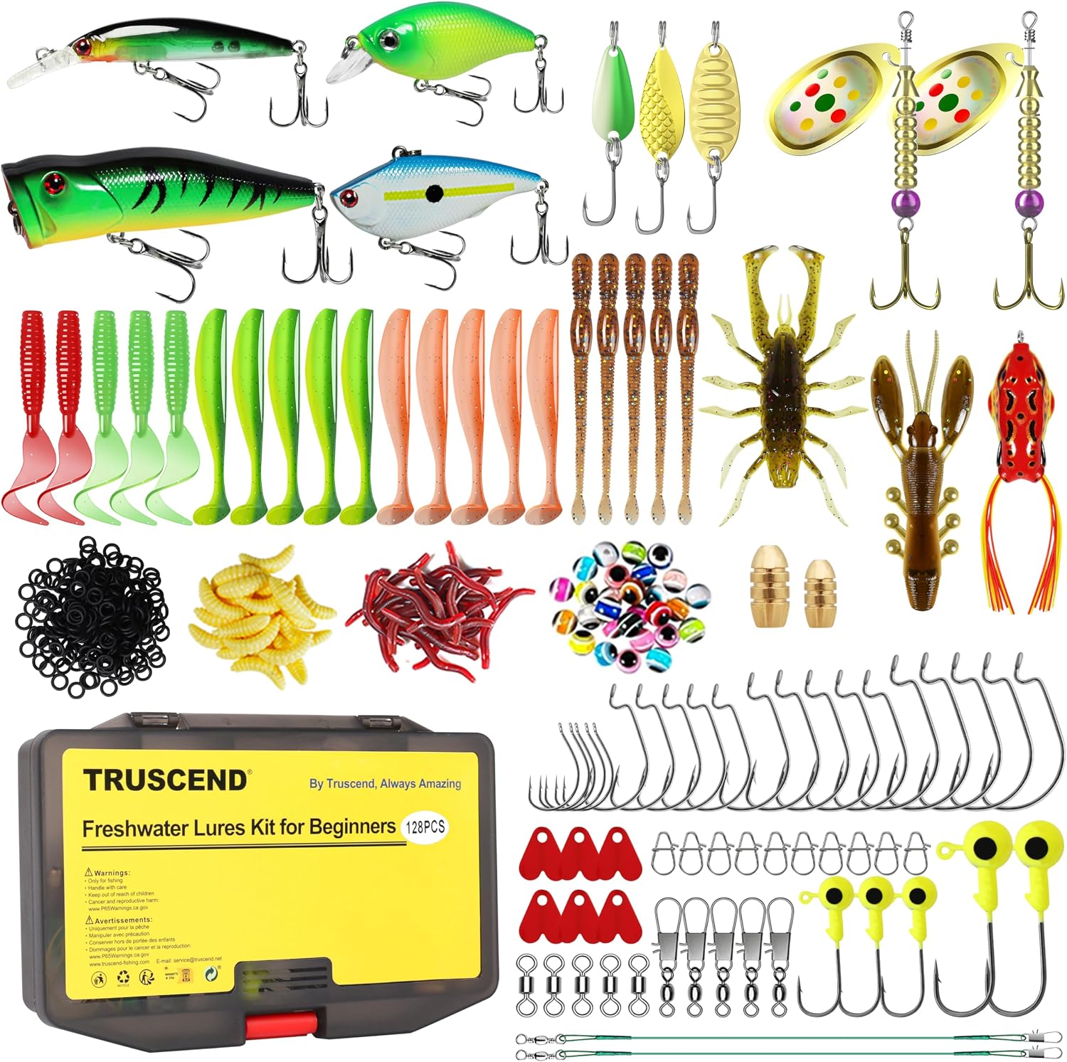 TRUSCEND Complete Fishing Accessories - Tackle Box with Tackle Included, Fishing Hooks, Jig Heads, Sinkers, Weights, Swivels, Snaps, Bobbers, Leaders - Fishing Gear Set for Bass Trout Panfish Walleye