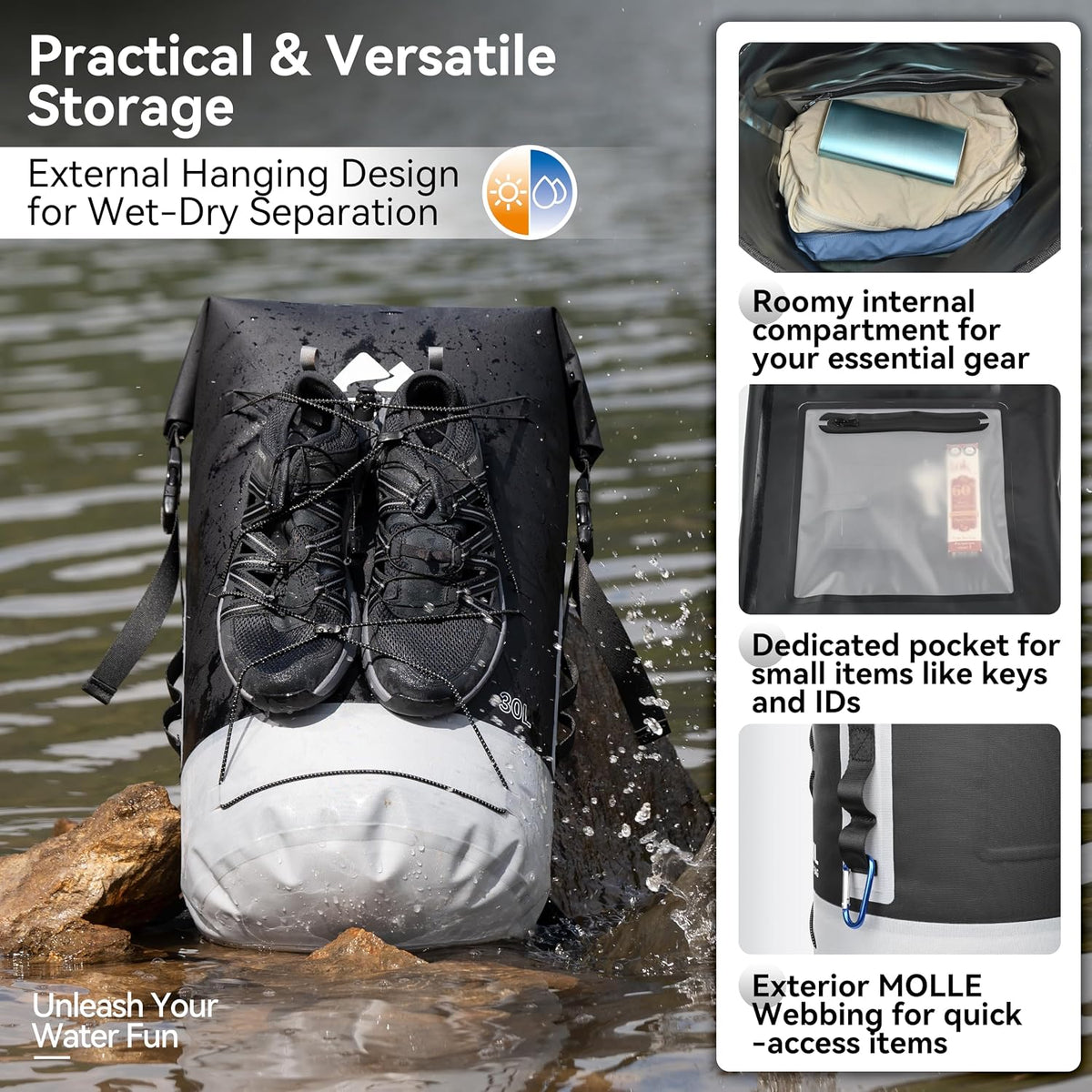 MARCHWAY Floating Roll Top Dry Bag, Flexible Lightweight TPU-coated Nylon Waterproof Backpack 20L/30L/40L with Padded Straps for Boating, Kayaking, Swimming, Hiking, Beach (Black, 30L)