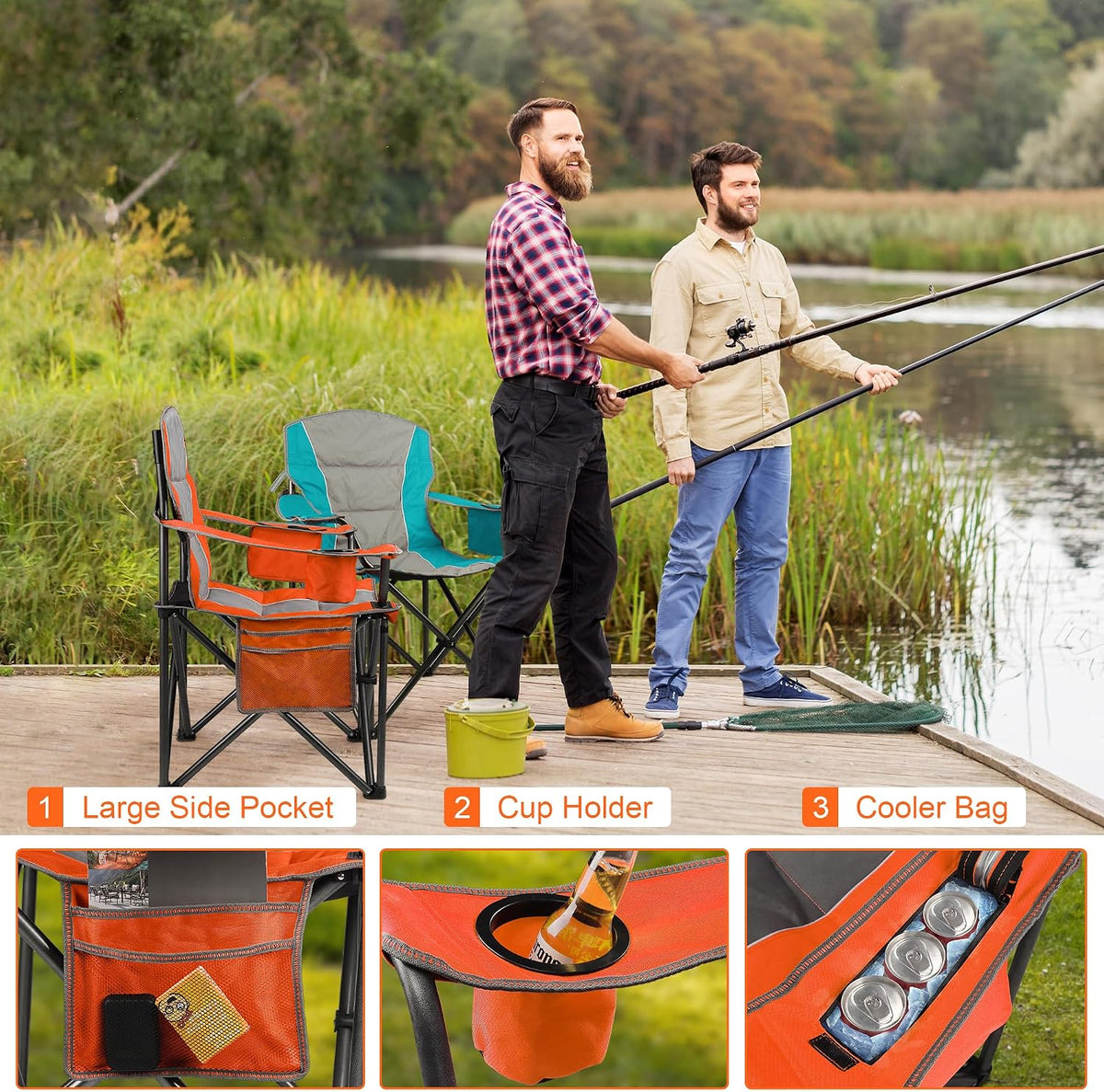 2 Pack Padded Oversized Camping Chairs for Adults,Heavy Duty Support 400 Lbs,Folding Portable Lawn Chair w/Cup Holder,Cooler Bag,Side Pocket,Perfect for Outdoor Picnic,Hiking(Orange&Blue)