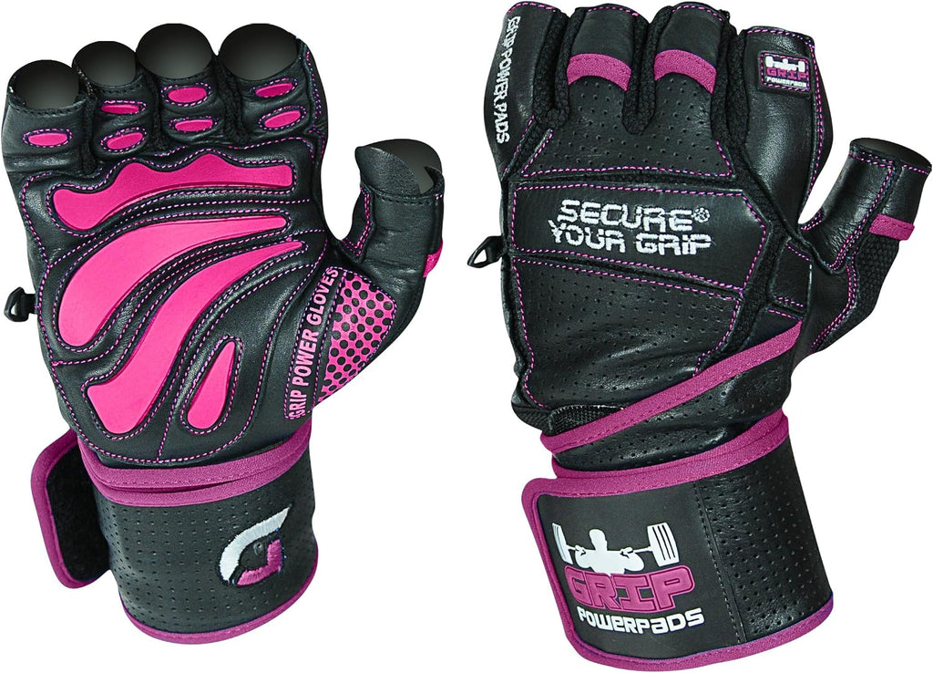 Grip Power Pads Leather Gym Gloves for Women – Built-in 2" Wrist Wraps, Pink Weightlifting, Powerlifting, Bodybuilding Workout