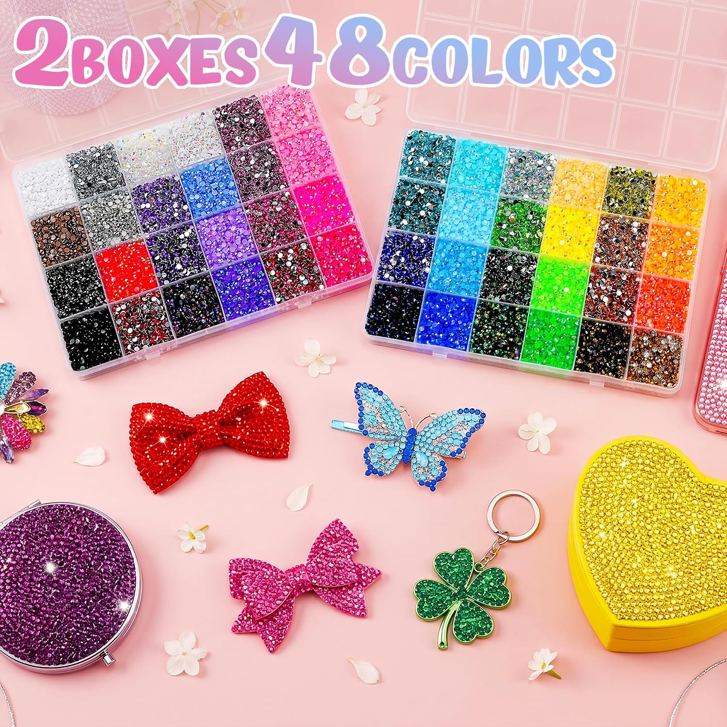 70000Pcs 48 Colors Bedazzling Kit 2 Boxes with Rhinestones, 3mm Resin Flatback Rhinestones with 4 Pcs B7000 Jewelry Glue & Tools, Diamond Art All-in-One Bedazzling Kit for DIY Arts & Crafts Gifts