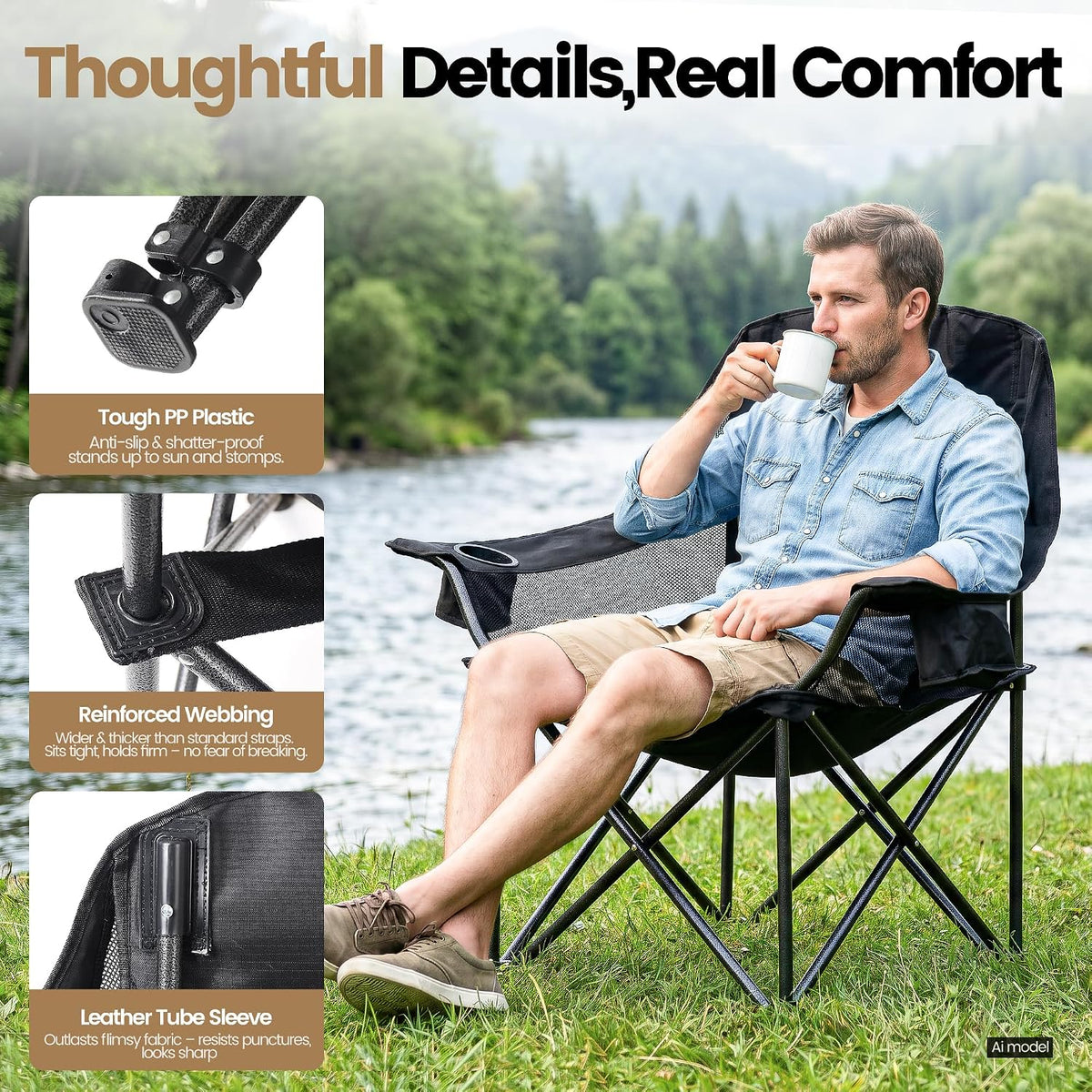 2 Pack Oversized Camping Chairs for Adults & Teens, Heavy Duty 400 LBS Capacity Portable Folding Mesh Lawn Chairs for Camping, Beach, Picnic, Patio, Fishing, RV (Black, Mesh)