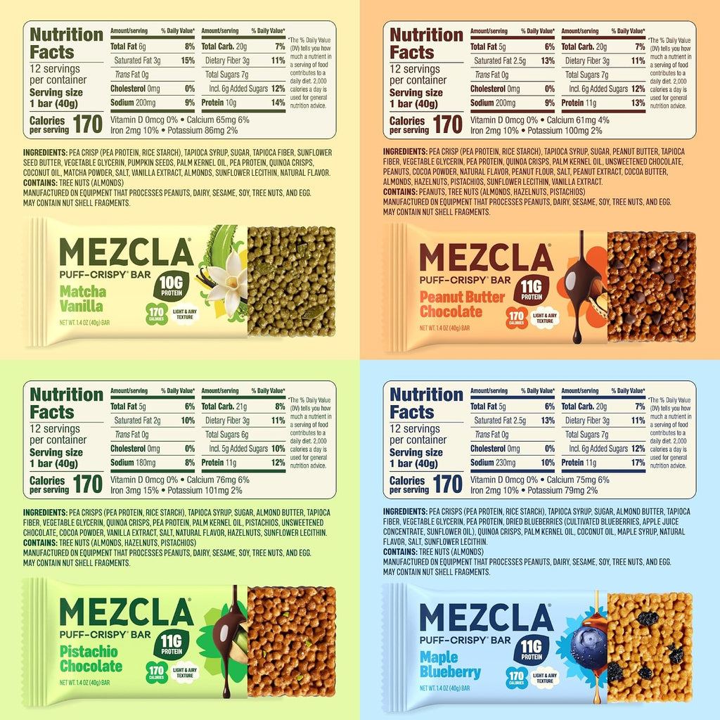 Mezcla Variety Pack Puff Crispy Vegan Bars, 10g Protein, 8 Bars