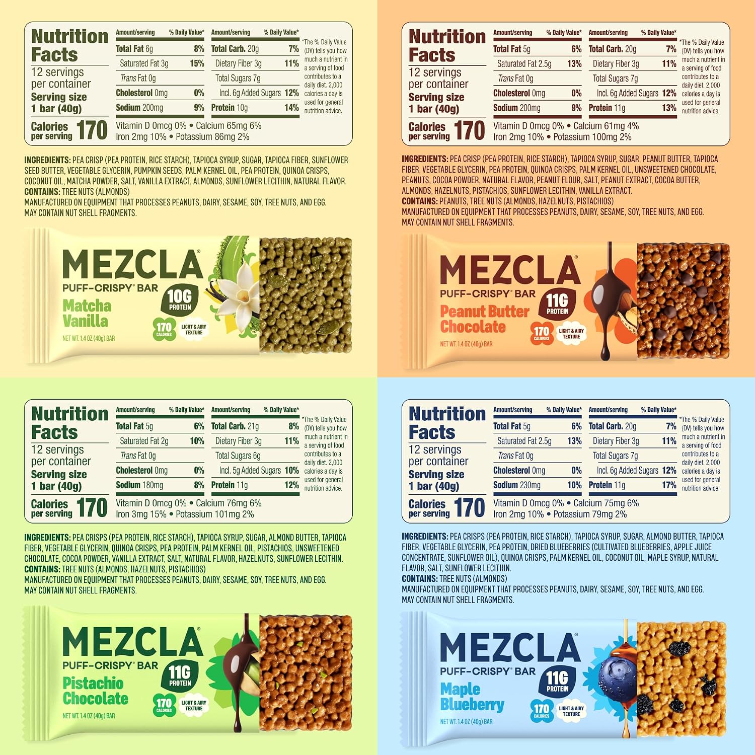 Mezcla Variety Pack Puff Crispy Vegan Bars, 10g Protein, 8 Bars