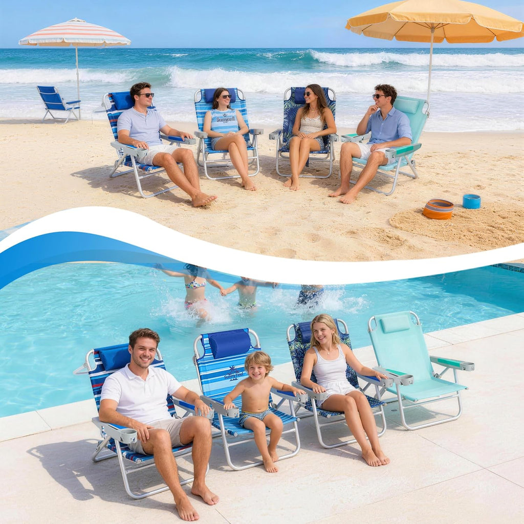 SUNNYFEEL Extra Wide Low Beach Chair 2 Pack 5 Position Lay, XL Oversized Portable Folding Camping Chairs with Cup Holder for Outdoor/Sand, Foldable Backpack Beach Chair for Adults Heavy Duty 500 LBS