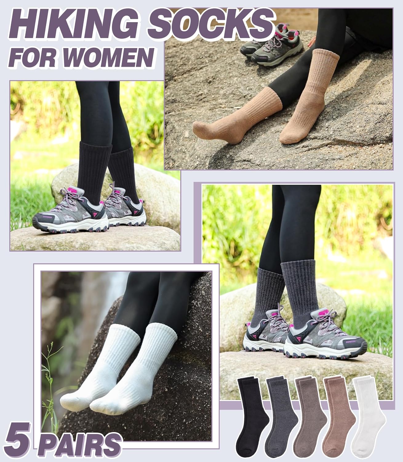 DYW Merino Wool Hiking Socks for Women Men Thermal Warm Winter Boot Crew Cushion Work Ladies Socks 5 Pairs