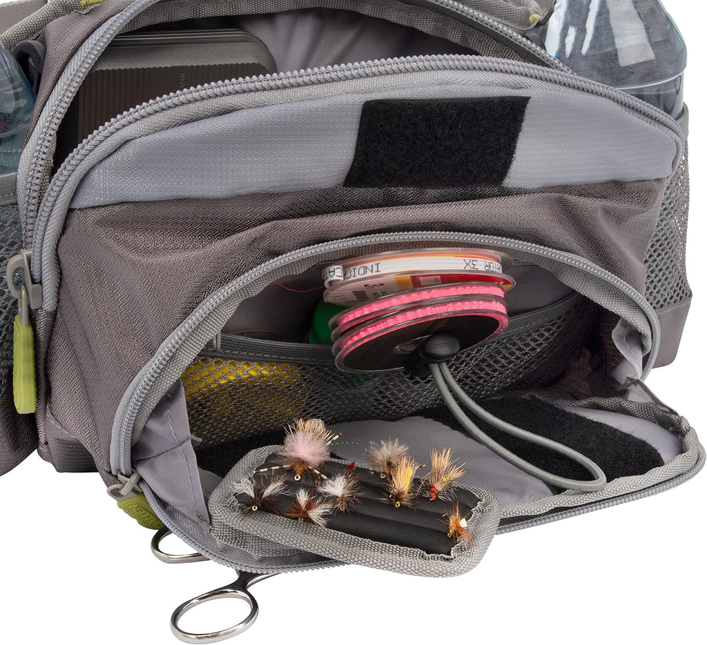 Allen Company Eagle River Lumbar Fly Fishing Pack - Holds 6 Fly Boxes, Zip‑Down Workstation, Waist Bottle Pockets, Durable Outdoor Waist Pack - Gray/Lime and Olive Green