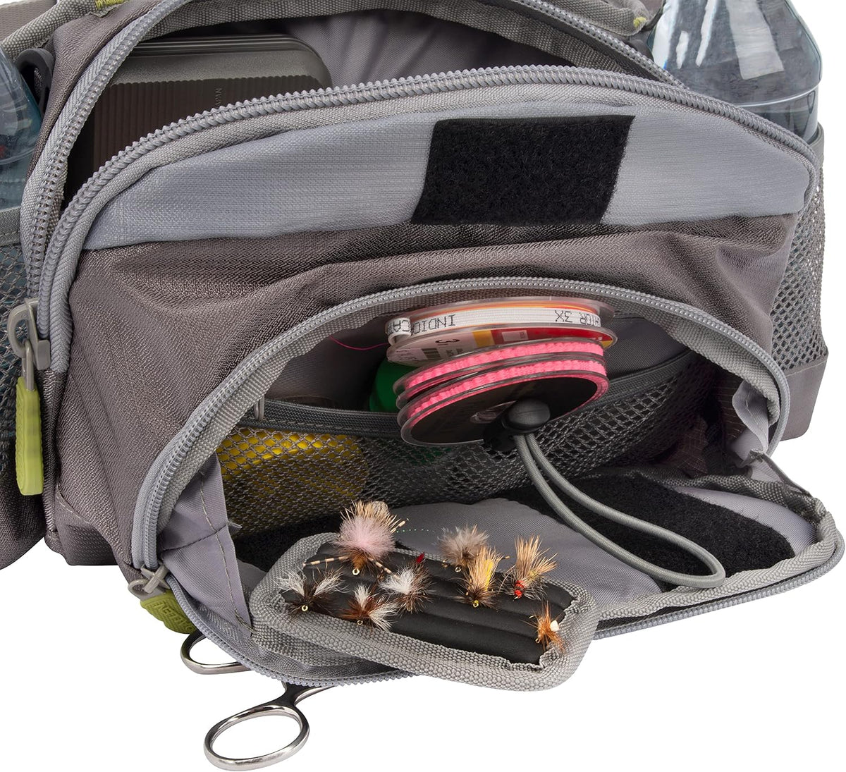Allen Company Eagle River Lumbar Fly Fishing Pack - Holds 6 Fly Boxes, Zip‑Down Workstation, Waist Bottle Pockets, Durable Outdoor Waist Pack - Gray/Lime and Olive Green