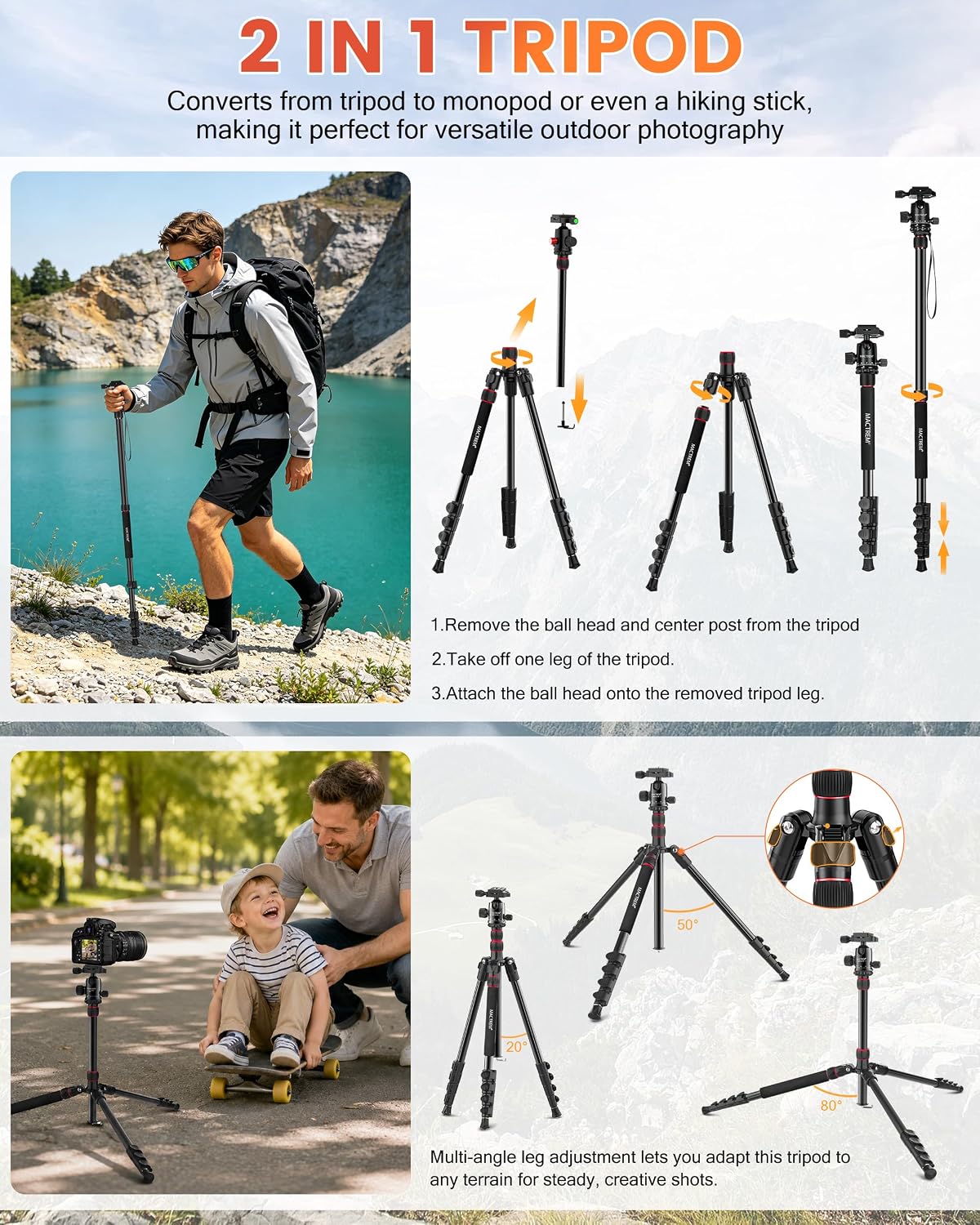 MACTREM 90in 2-in-1 Camera Tripod Monopod Aluminum Heavy Duty Travel Tripod
