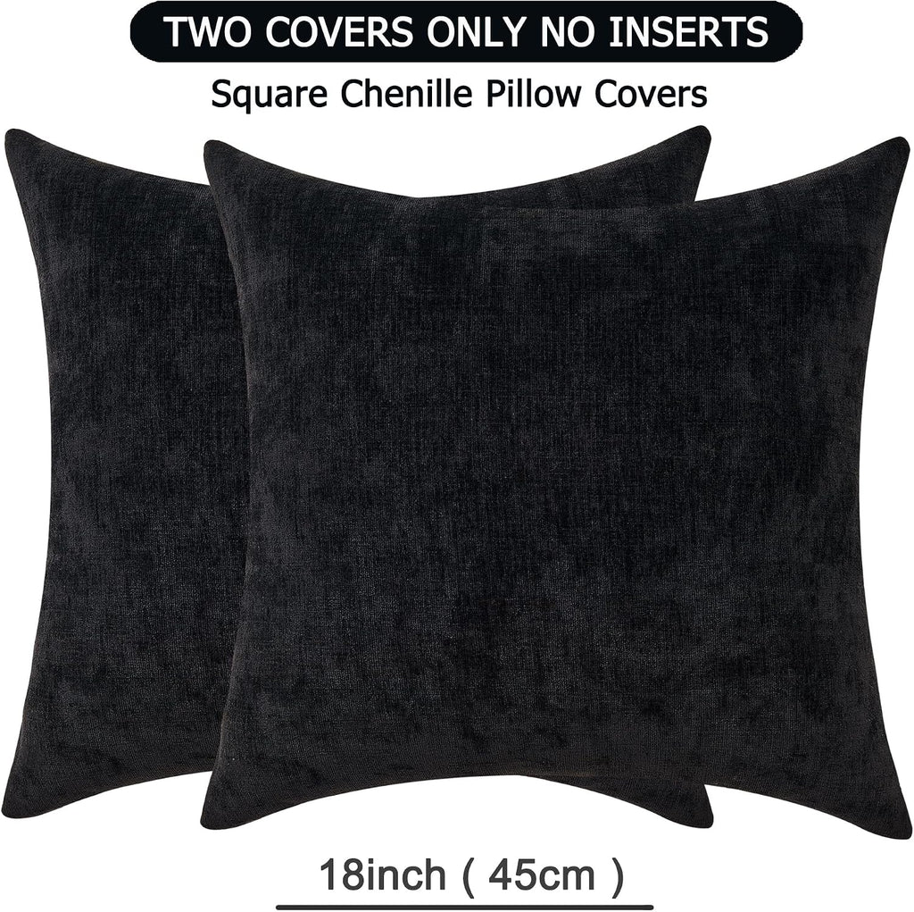 GAWAMAY Decorative Square Throw Pillow Covers 18"x18" Inch Set of 2, Super Soft Chenille Pillows Farmhouse Fall Pillowcase for Living Room Bedroom Sofa Couch Cushion Cover Black 45x45cm (No Insert)