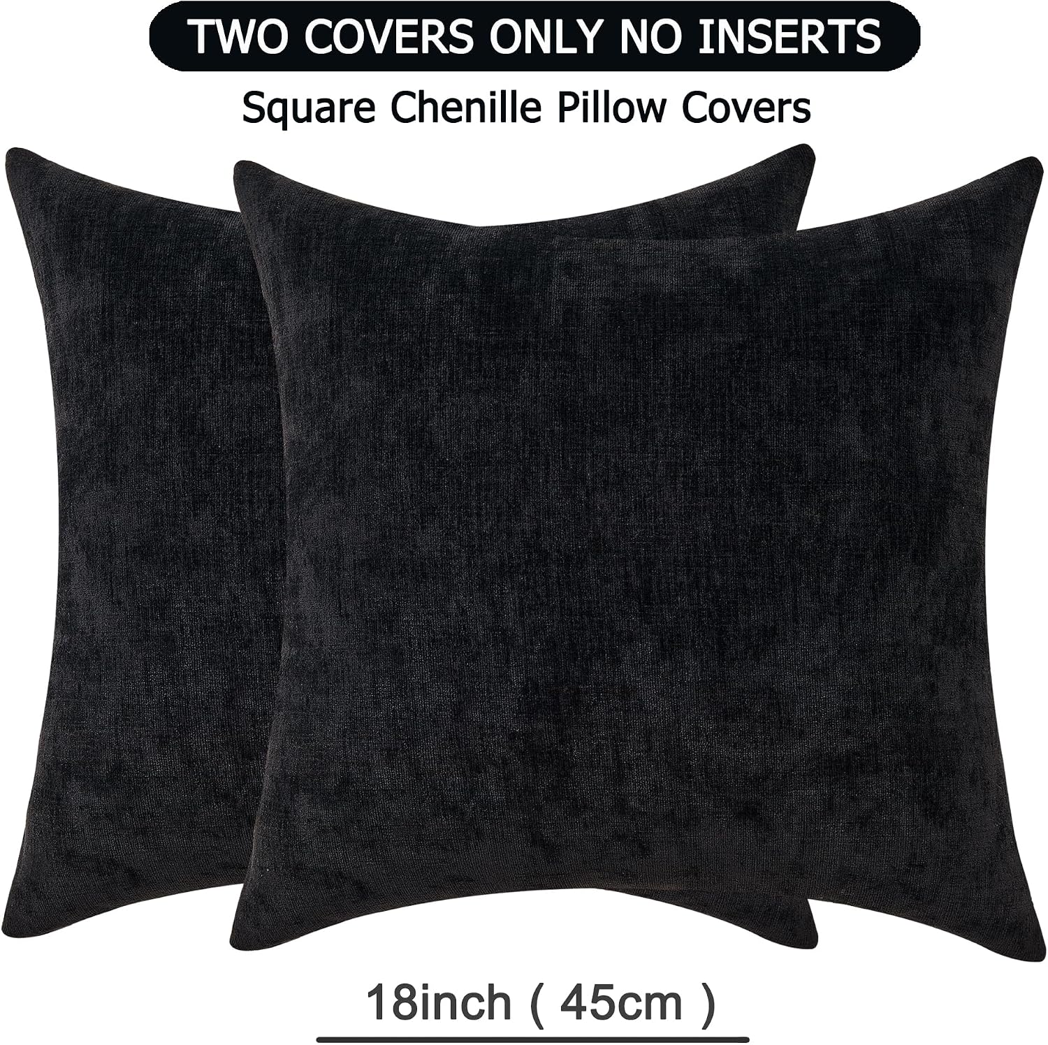 GAWAMAY Decorative Square Throw Pillow Covers 18"x18" Inch Set of 2, Super Soft Chenille Pillows Farmhouse Fall Pillowcase for Living Room Bedroom Sofa Couch Cushion Cover Black 45x45cm (No Insert)