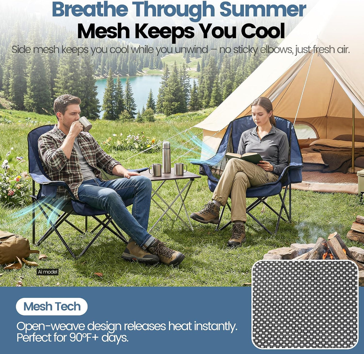 2 Pack Oversized Camping Chairs for Adults & Teens, Heavy Duty 400 LBS Capacity Portable Folding Mesh Lawn Chairs for Camping, Beach, Picnic, Patio, Fishing, RV (Navy Blue, Mesh)