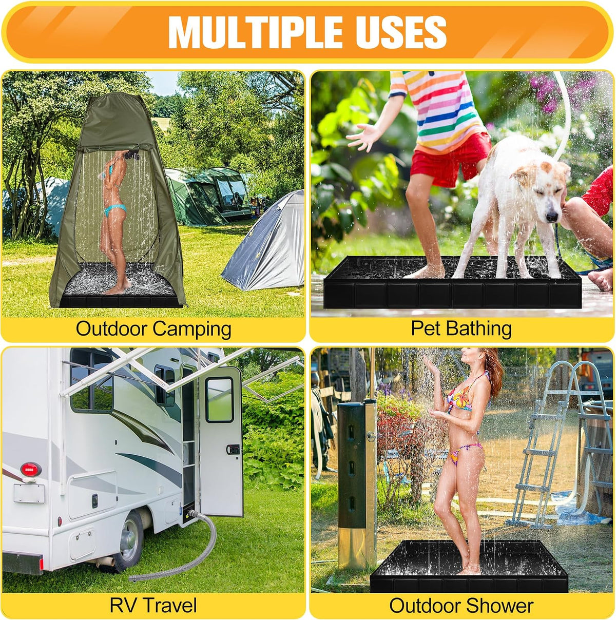 Upgraded Portable Shower Pan 41"x41"x5" - Heavy-Duty Non-Slip Base with Drain Hole & Mesh Storage Bag | Collapsible Camp Shower Tray for RV, Beach, Glamping | Leakproof Outdoor Bath Floor