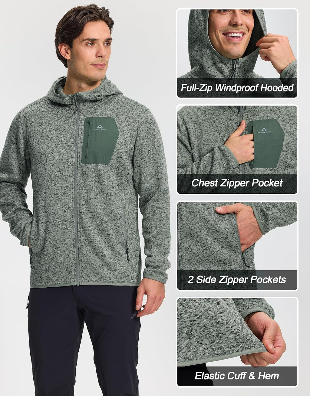 Pioneer Camp Men's Hooded Sweater Fleece Jacket Full Zip Hiking Mid Layer