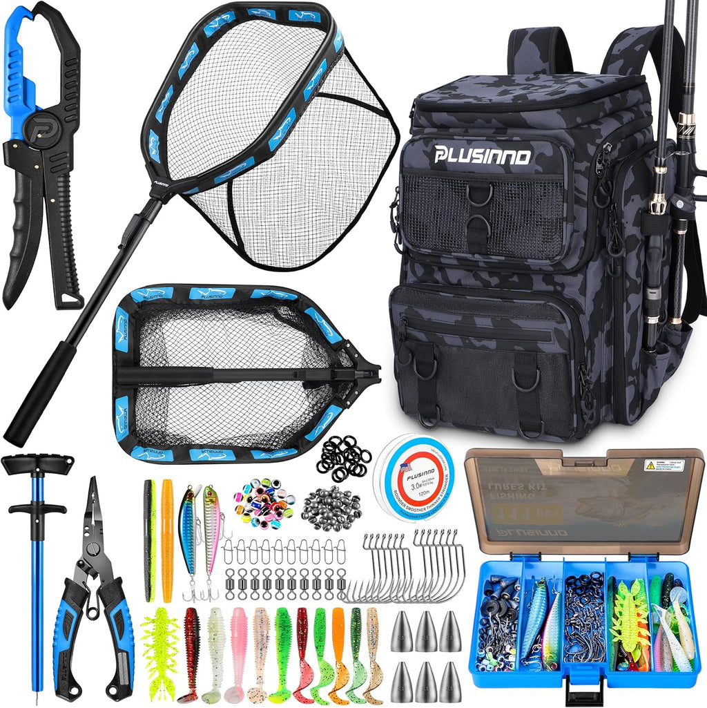 PLUSINNO Fishing Backpack with Fishing Gear Fish Net & Rod Holders Tackle Box, 42L Large Water-resistant Tackle Bag Store