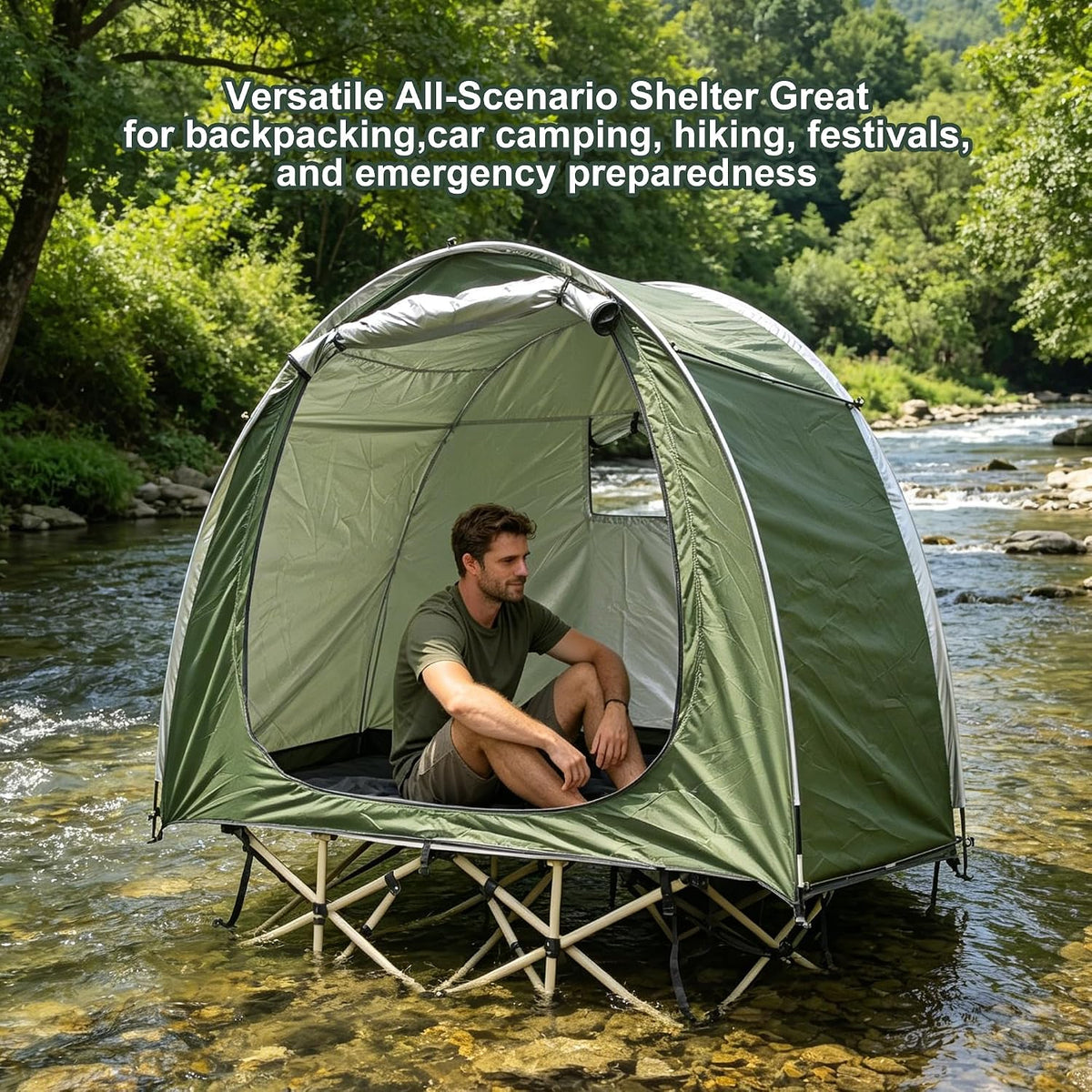 1 Person Solo Cot Tent (Bed Not Included), 210D Silver Fabric, Waterproof, Compact Portable Camping Shelter