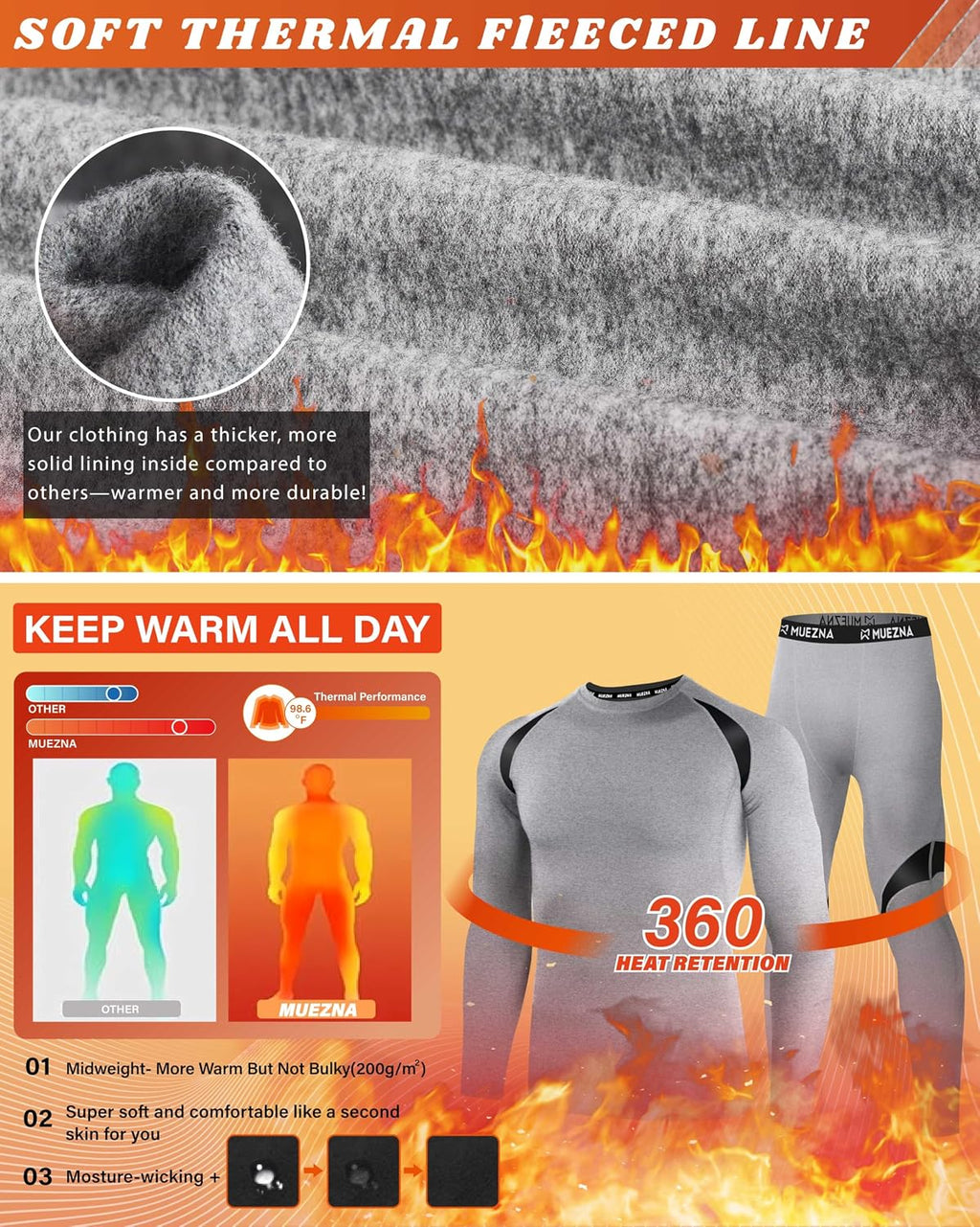 Muezna Men's Thermal Top and Bottom Set Underwear Long Johns Base Layer
