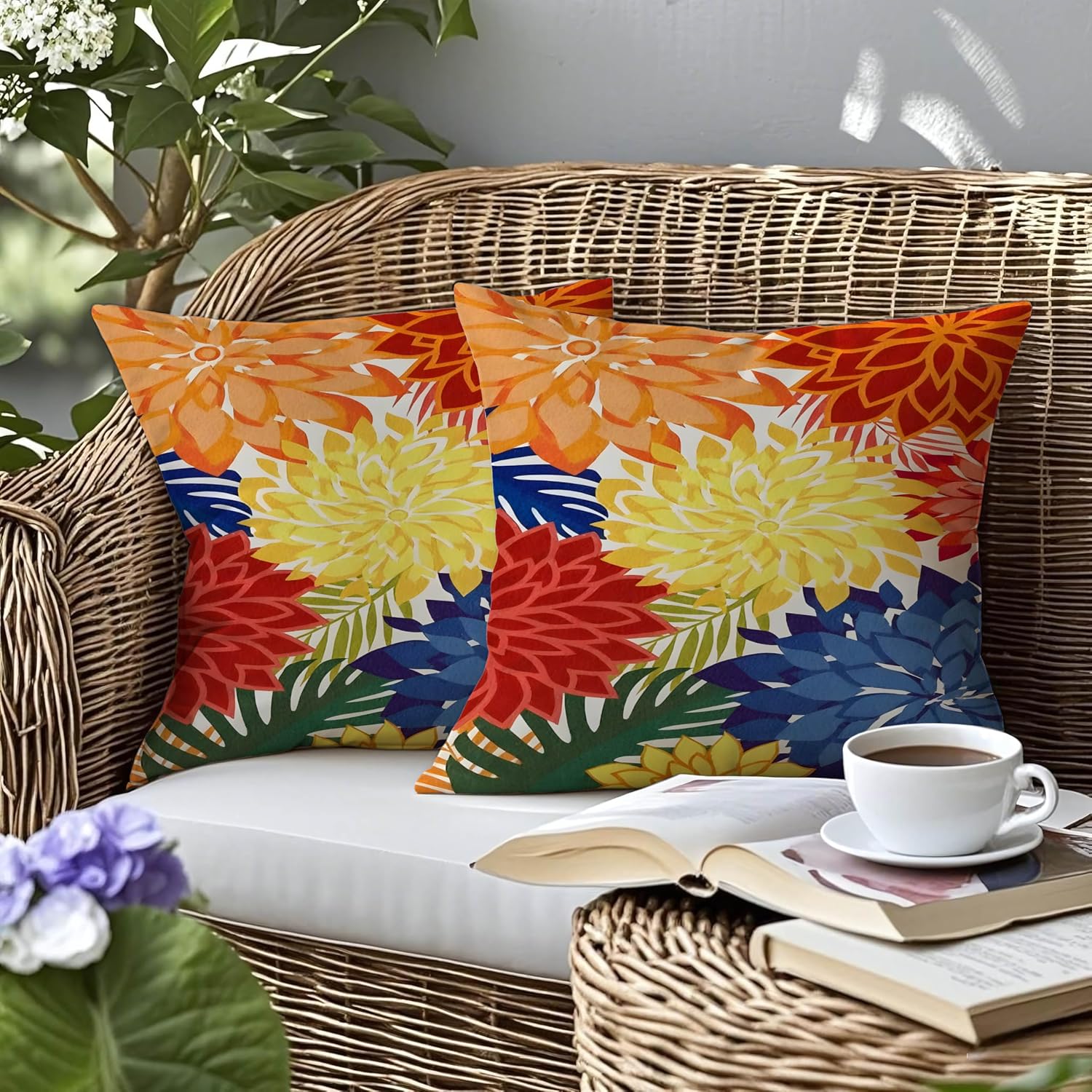 mellicoma Waterproof Outdoor Pillow Covers 18x18 Pack of 2 Vibrant Floral Collage Throw Outdoor Pillows for Garden Funiture Patio Home