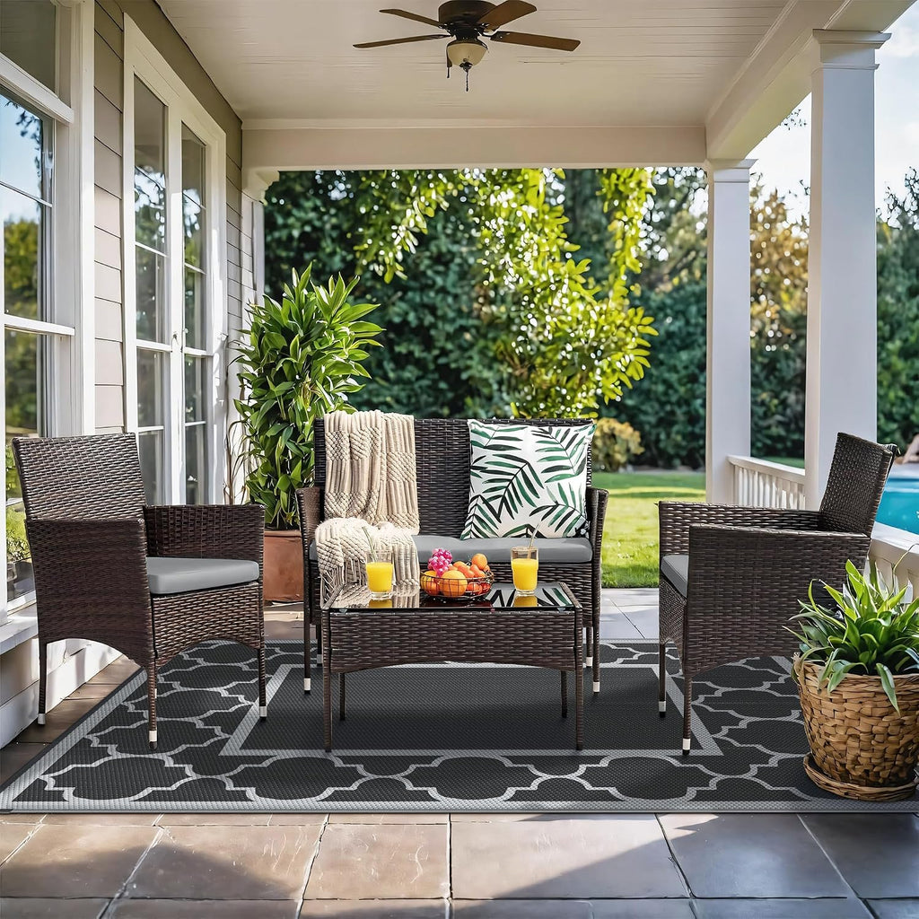 GENIMO Outdoor Rug, Waterproof Plastic Rugs for Patio, 6'x9' Black Gray