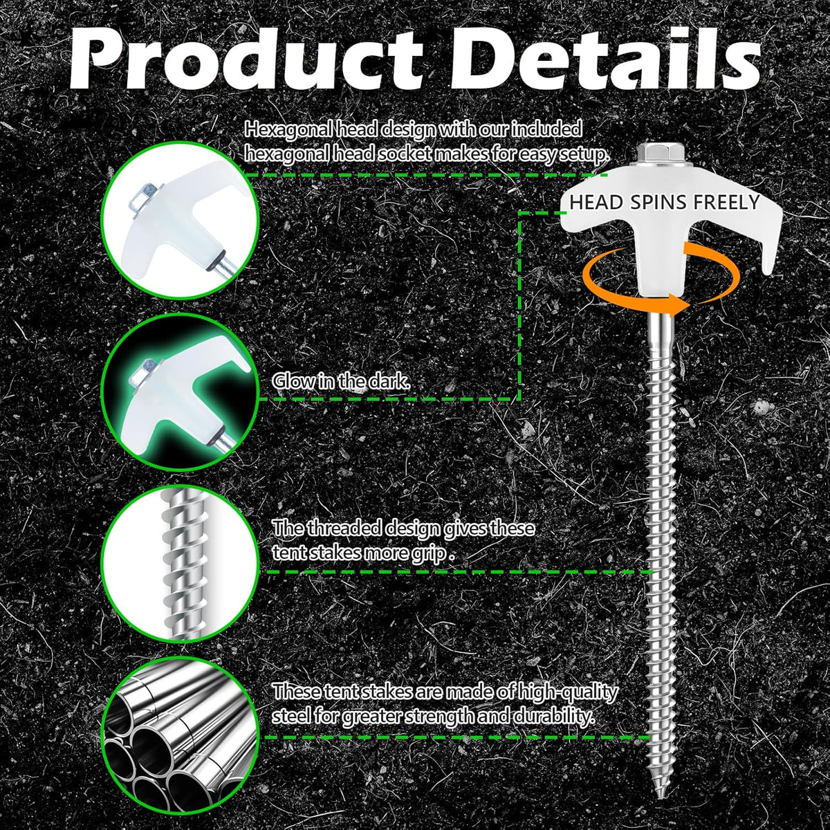 12 Pack 8" Heavy Duty Screw in Tent Stakes, Metal Camping Stakes, Drill-In Ground Anchor, Threaded Stakes for Canopies, Gardening, Yard Inflatables, with Hex Socket and Storage Bag (Luminous)