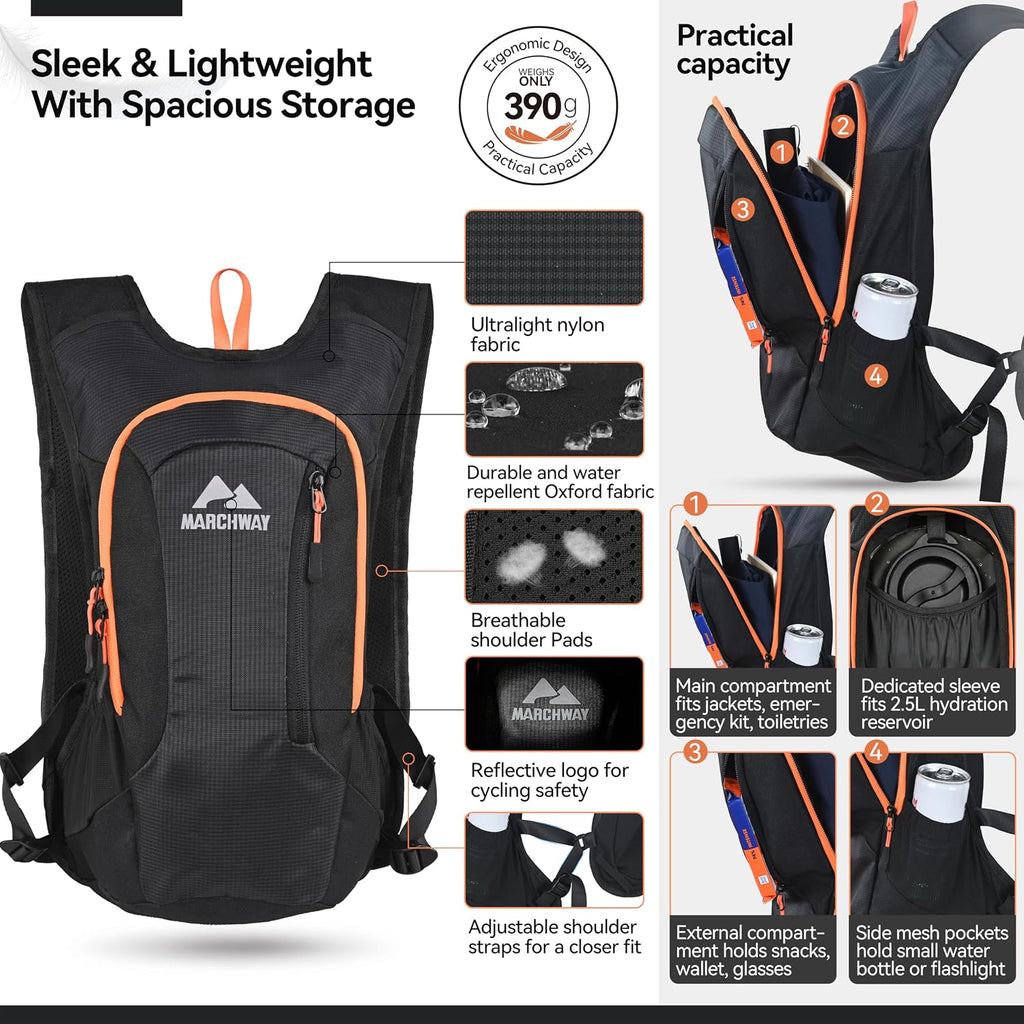 MARCHWAY Lightweight Hydration Backpack with Vest Style Straps & 2.5L TPU Water Bladder, Versatile Sleek Multi-Pocket Pack for Hiking, Cycling, Running, Backpacking, Travel
