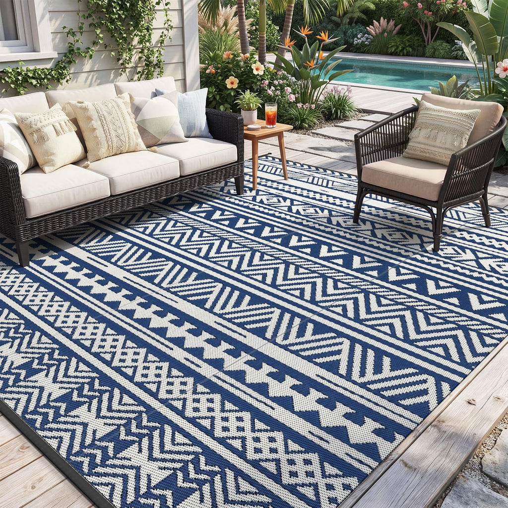MontVoo Outdoor Rug Carpet Waterproof 6x9 Outdoor Patio Rug Mat Reverisble Plastic Straw Outdoor Rug for RV Camping Picnic Beach Balcony Boho Navy Blue