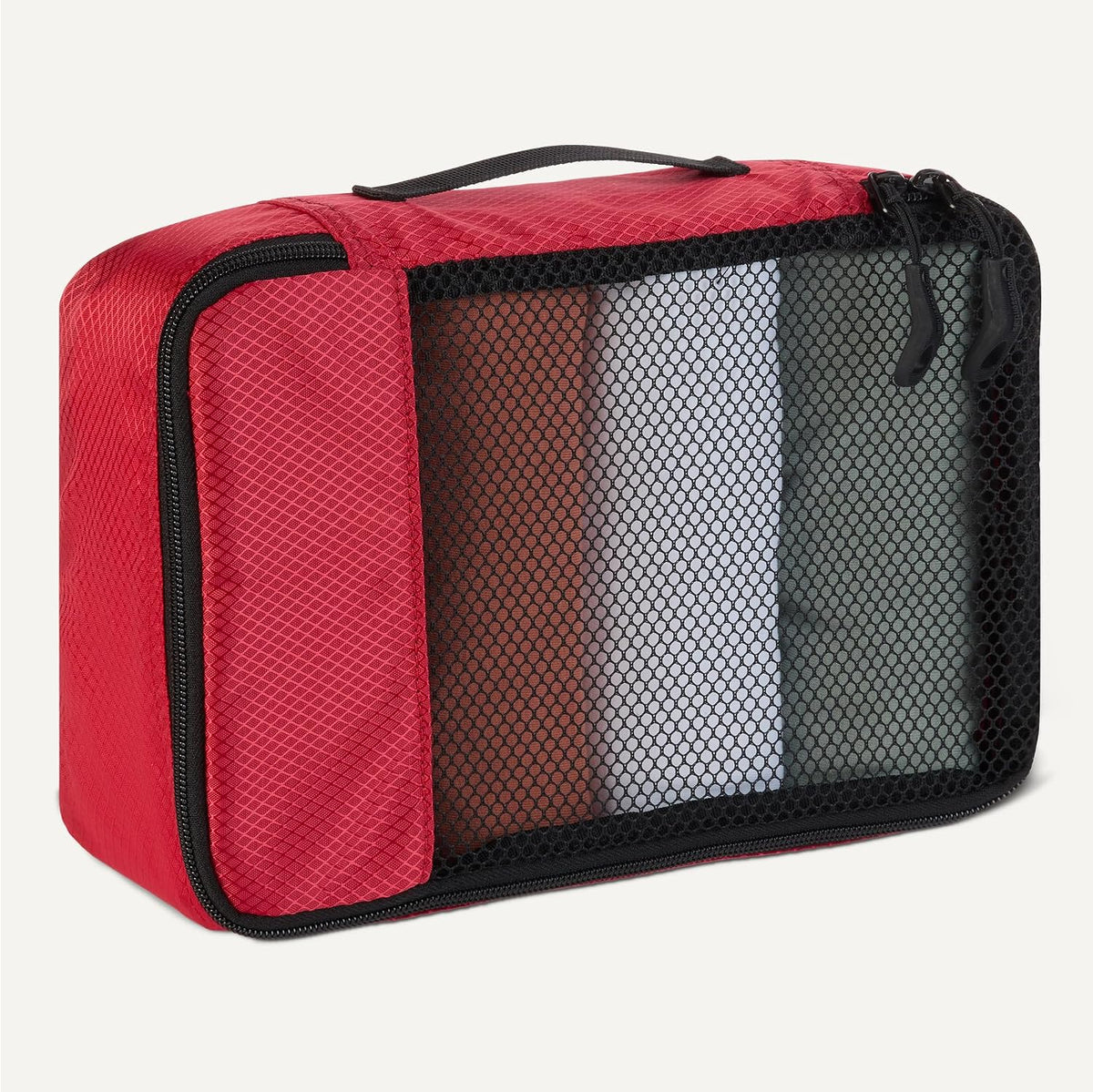 Amazon Essentials 4-Piece Space-Saving Packing Cubes Travel Accessories Set, Luggage Organizer with Double Zipper, Mesh Top, Small, Red (Previously Amazon Basics)