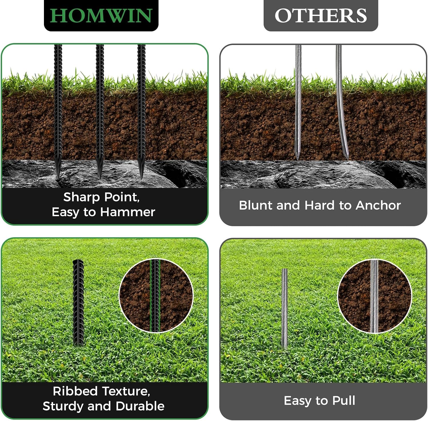 Homwin 24 inches Straight Rebar Stakes 18-Pack Ground Stake Heavy Duty Metal Steel Spikes for Gardening, Concrete Forming and Camping Tent