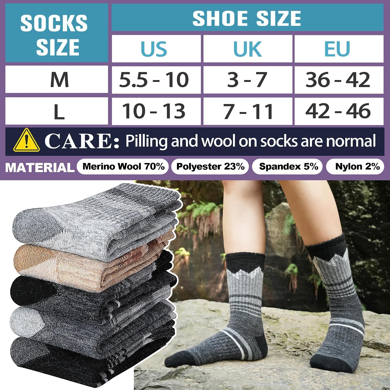 Sandsuced Merino Wool Hiking Warm Socks Thermal Winter Cozy Crew with Cushioned Sole & Moisture Wicking 5 Pairs for Women
