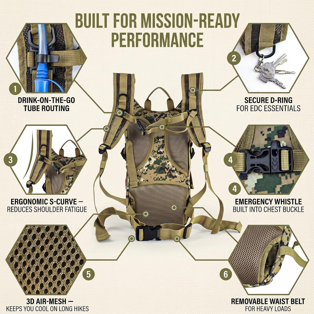 Tactical Hydration Backpack 2L Water Bladder - Lightweight Durable Pack for Hiking, Running, Outdoor Adventures, Adjustable Straps & Leak-Proof Design
