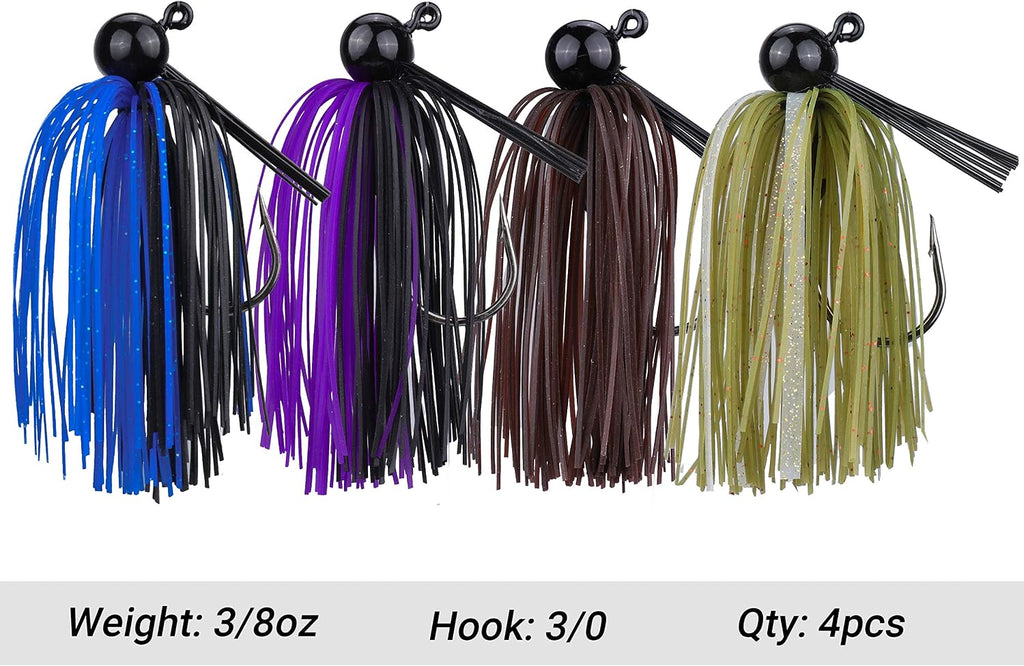 RUNCL Anchor Box - Bass Fishing Lures - Flipping, Swim, Football Jigs - Spike Trailer Keeper, Silicone Skirts, Streamlined Head, Weedguard System - Proven Colors (Pack of 4)