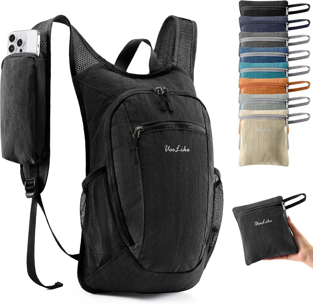 Uselike 10L Small Hiking Backpack Travel Daypack Lightweight Packable Back Pack for Women Men(Black)