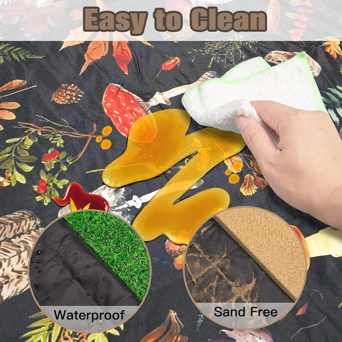 Picnic Blankets Extra Large Waterproof, 80"x 60"Mushroom Beach Mat with Corner Pockets Windproof Sandproof Foldable Portable 3-Layer Mat Darker for Wet Grass,Parks,Music Festival,Camping,Concerts