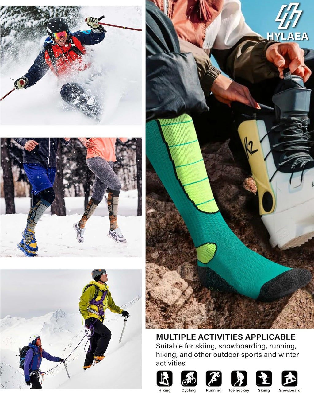 Hylaea Unisex Knee High Merino Wool Ski Snowboard Socks, Cushioning & Warm