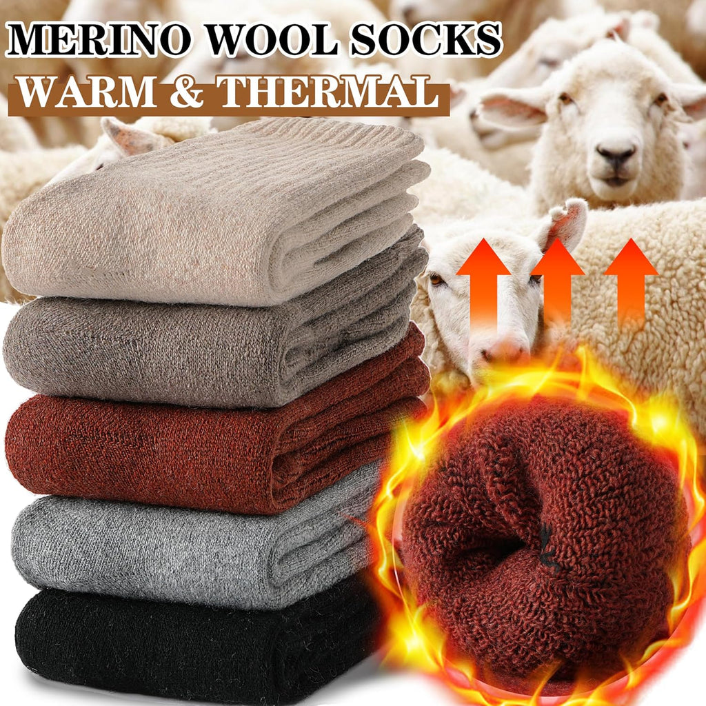 MOGGEI 5 Pairs Womens Merino Wool Socks Hiking Warm Winter Thick Thermal Crew Cozy Cabin Ladies Gift Comfy Boot Work Socks